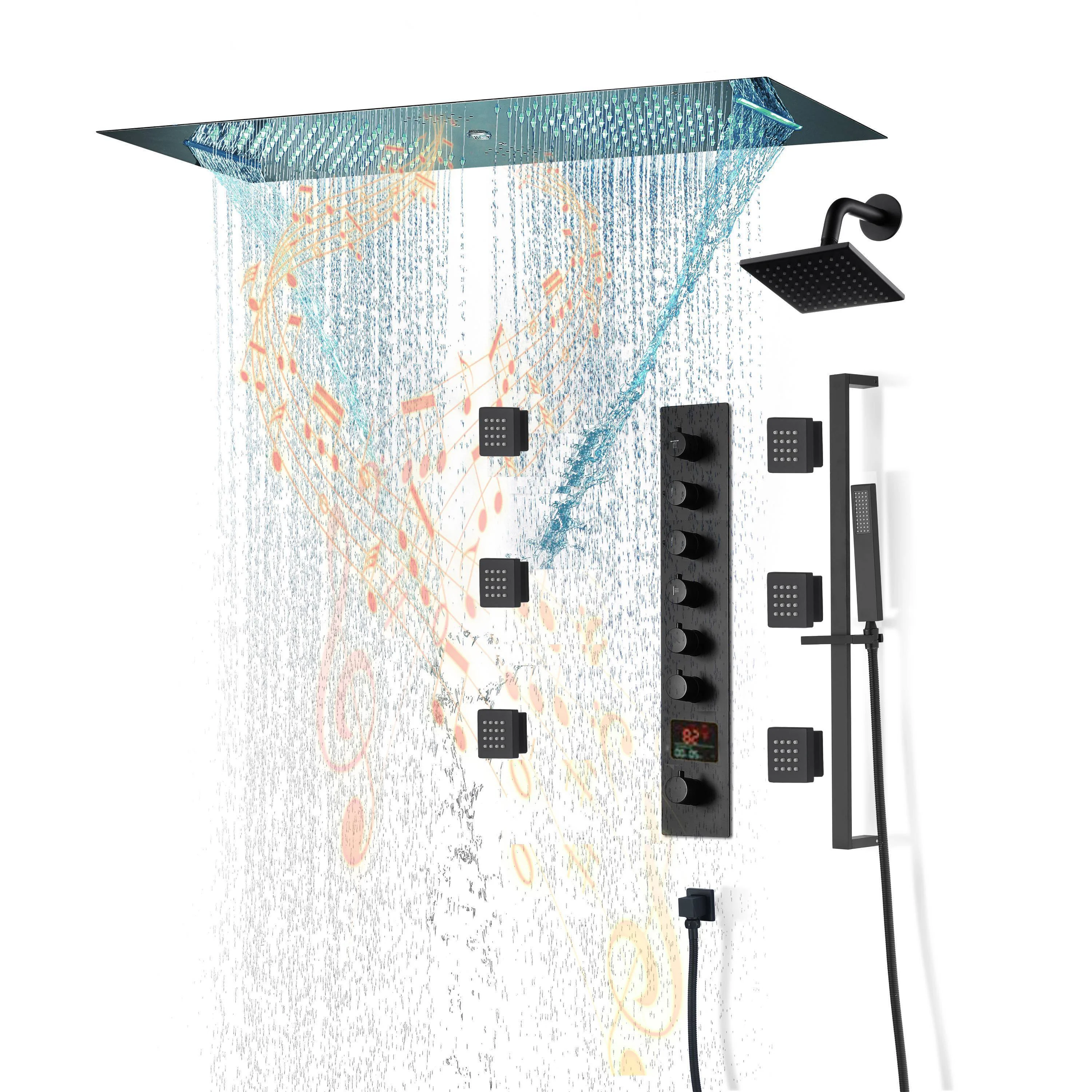 Chrome or matte black or brushed gold or brsuehd nickel 35" Bluetooth Music LED Shower System with Waterfall, 6-Way Thermostatic Valve, Regular Head, 6 Body Jets - Image 20