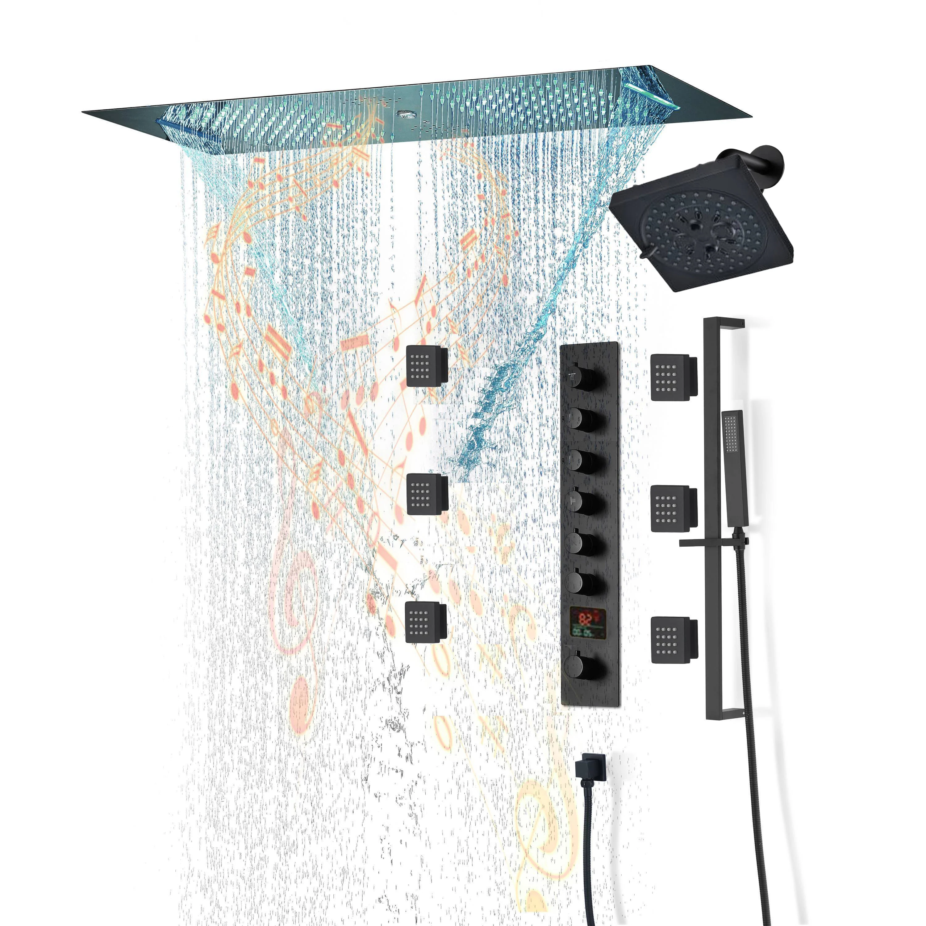 Chrome or matte black or brushed gold or brsuehd nickel 35" Bluetooth Music LED Shower System with Waterfall, 6-Way Thermostatic Valve, Regular Head, 6 Body Jets - Image 21