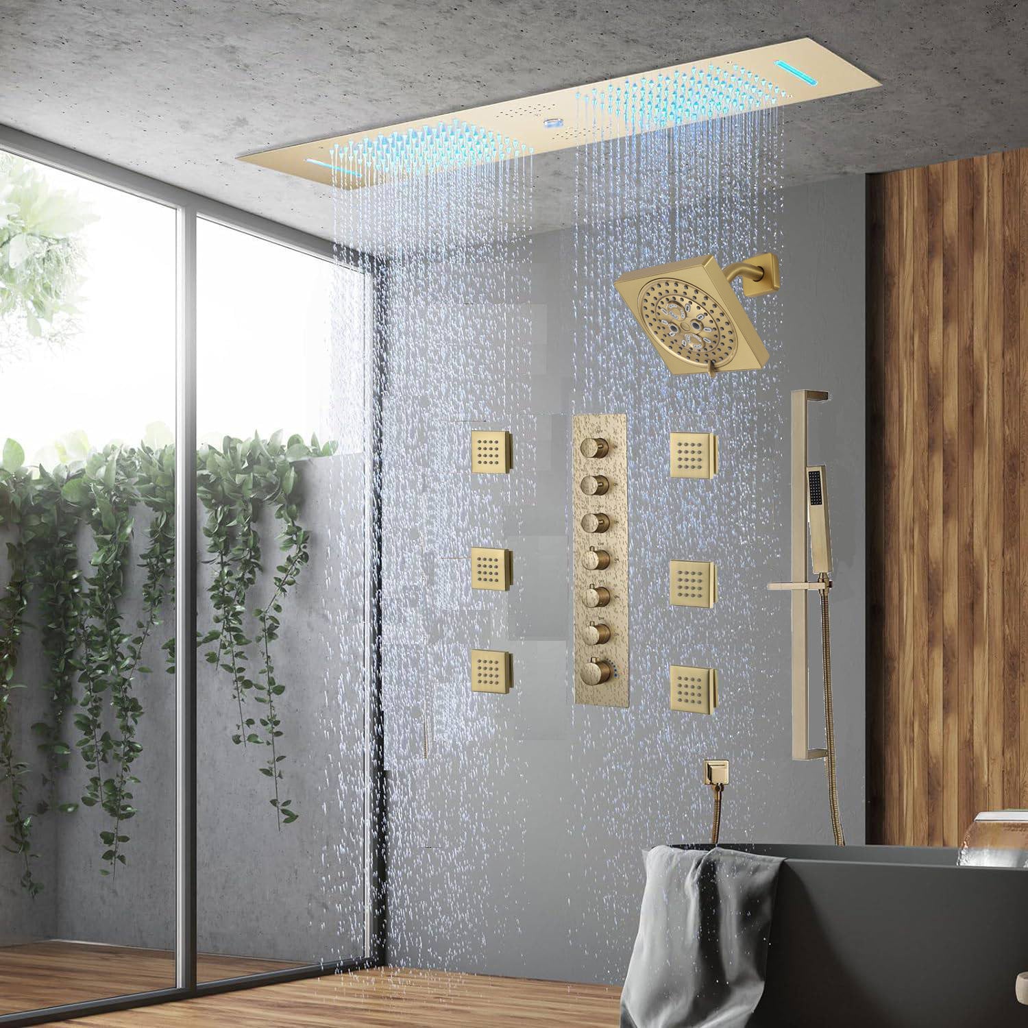Chrome or matte black or brushed gold or brsuehd nickel 35" Bluetooth Music LED Shower System with Waterfall, 6-Way Thermostatic Valve, Regular Head, 6 Body Jets - Image 23