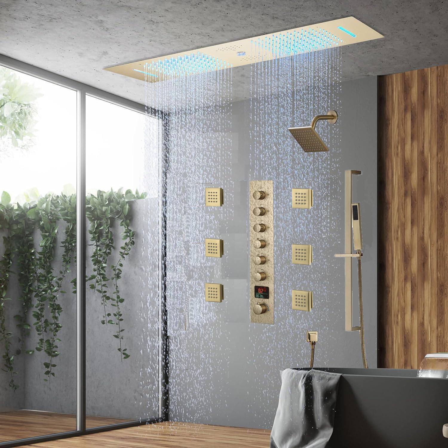 Chrome or matte black or brushed gold or brsuehd nickel 35" Bluetooth Music LED Shower System with Waterfall, 6-Way Thermostatic Valve, Regular Head, 6 Body Jets - Image 24