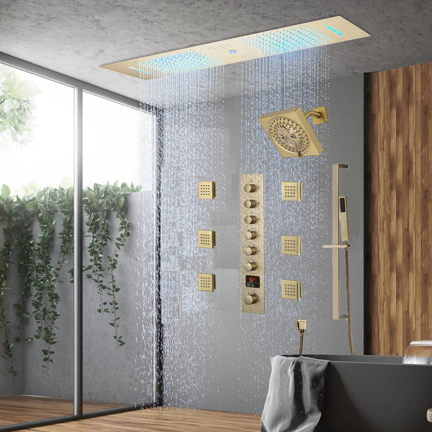 Chrome or matte black or brushed gold or brsuehd nickel 35" Bluetooth Music LED Shower System with Waterfall, 6-Way Thermostatic Valve, Regular Head, 6 Body Jets - Image 25