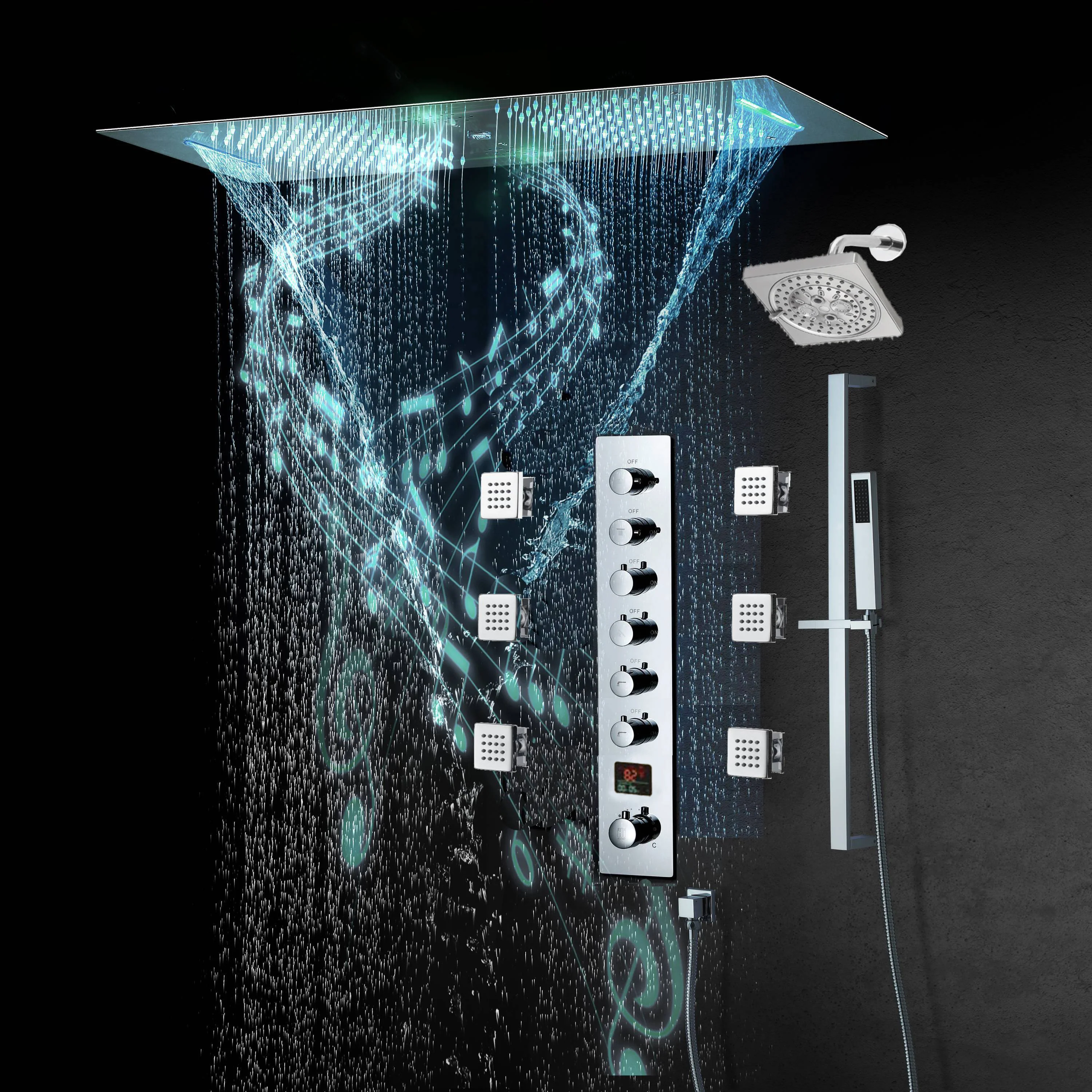 Chrome or matte black or brushed gold or brsuehd nickel 35" Bluetooth Music LED Shower System with Waterfall, 6-Way Thermostatic Valve, Regular Head, 6 Body Jets - Image 3