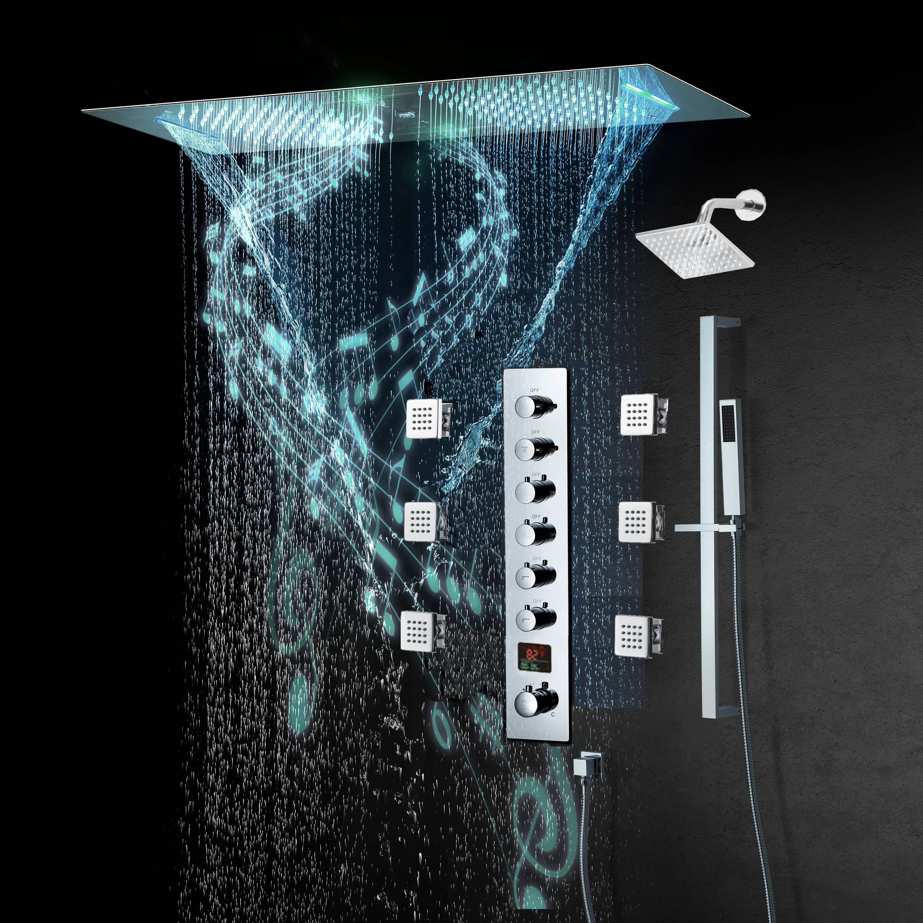 Chrome or matte black or brushed gold or brsuehd nickel 35" Bluetooth Music LED Shower System with Waterfall, 6-Way Thermostatic Valve, Regular Head, 6 Body Jets - Image 4