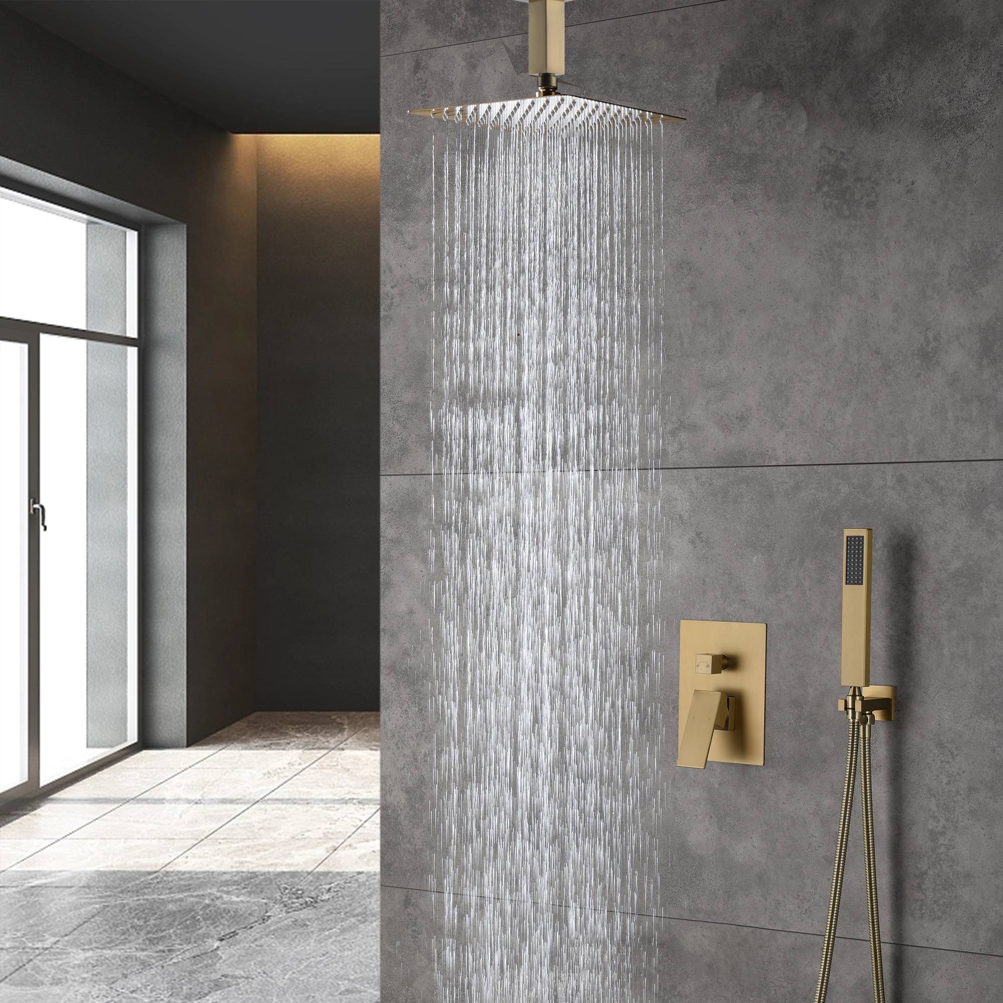 Brushed Gold  12 Inch or 16 inch Rain head Ceiling Mount two way pressure balance Shower System with Rough-in Valve Body and Trim - Image 2