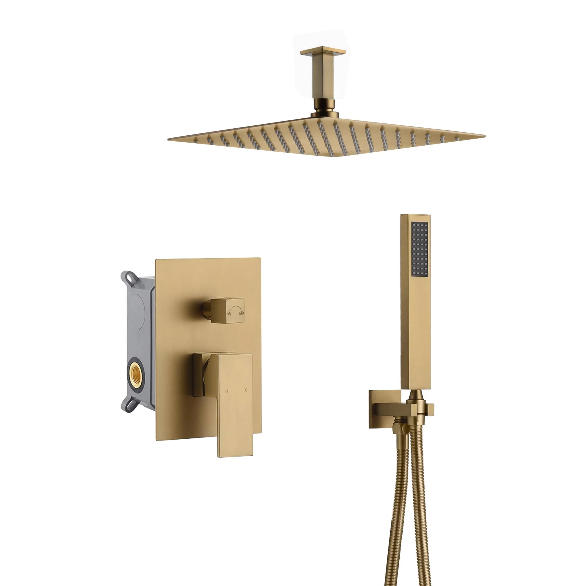 Brushed Gold  12 Inch or 16 inch Rain head Ceiling Mount two way pressure balance Shower System with Rough-in Valve Body and Trim - Image 6