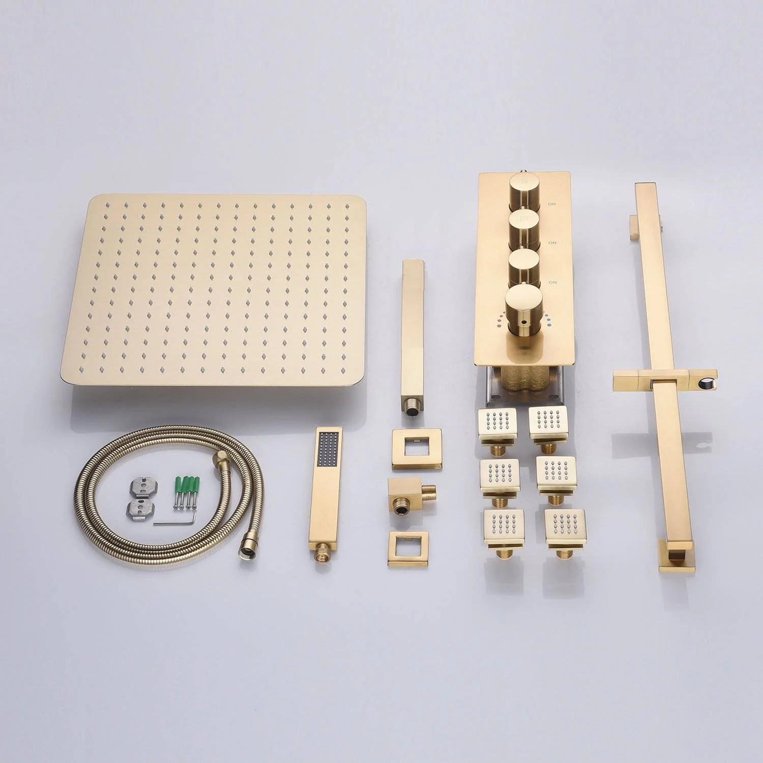 Brushed gold Ceiling mount 12 inch or 16 inch rainfall shower head 3 way thermostatic shower faucet with sliding bar and 6 body jets - Image 2