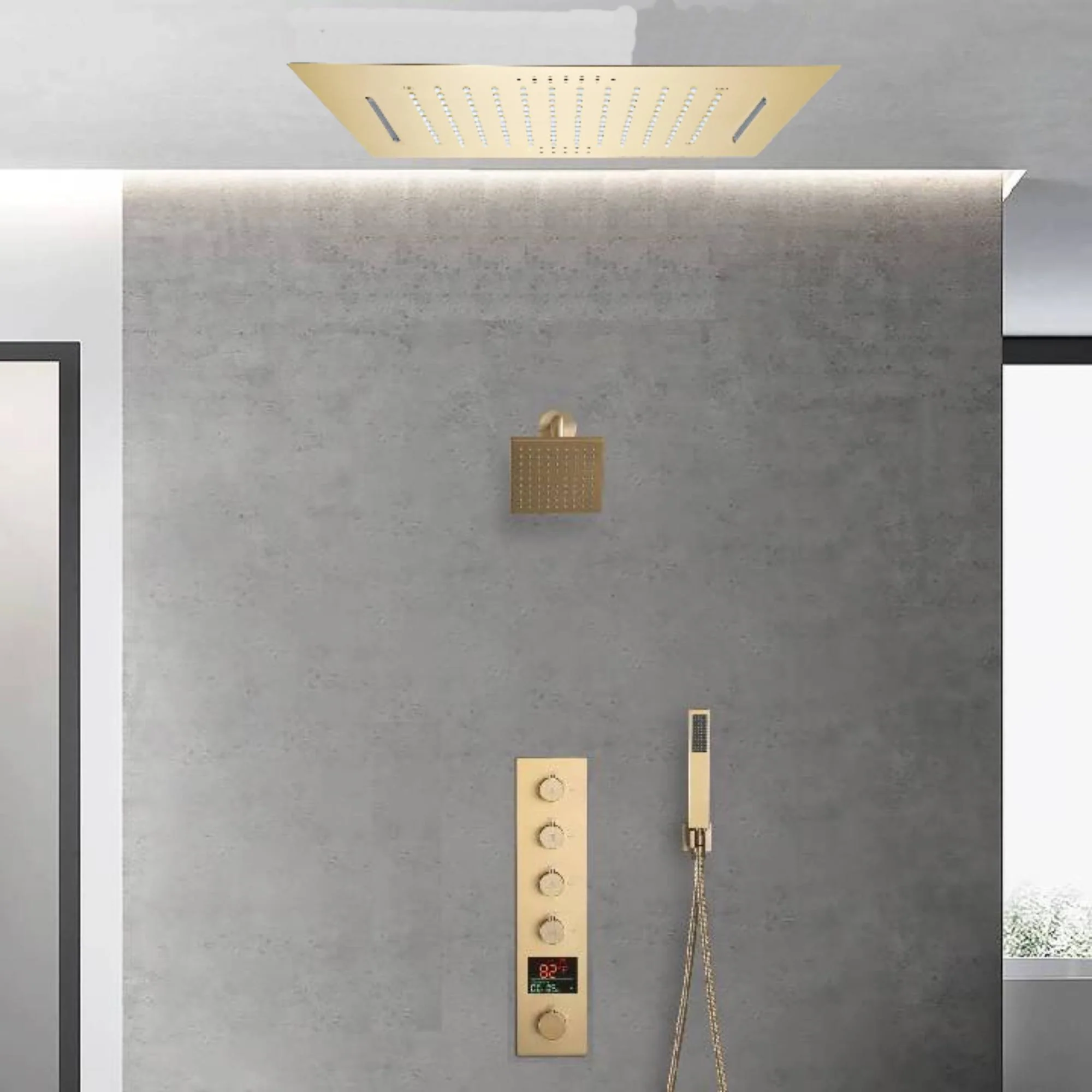 Brushed Gold 20-Inch Or 24-Inch Rainfall Waterfall Ceiling Mount Shower Head with 4-Way Thermostatic Faucet, High-Pressure Wall Mount Head - Image 2