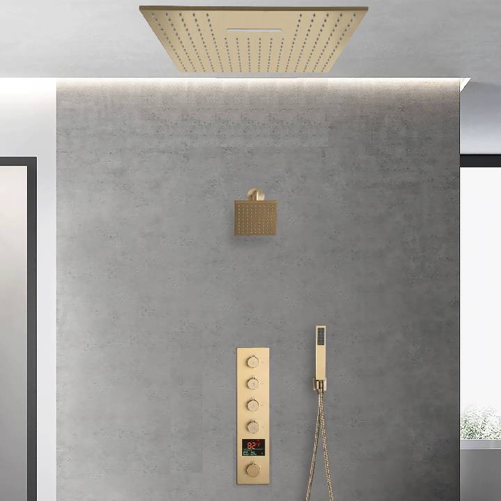 Brushed Gold 20-Inch Or 24-Inch Rainfall Waterfall Ceiling Mount Shower Head with 4-Way Thermostatic Faucet, High-Pressure Wall Mount Head - Image 5