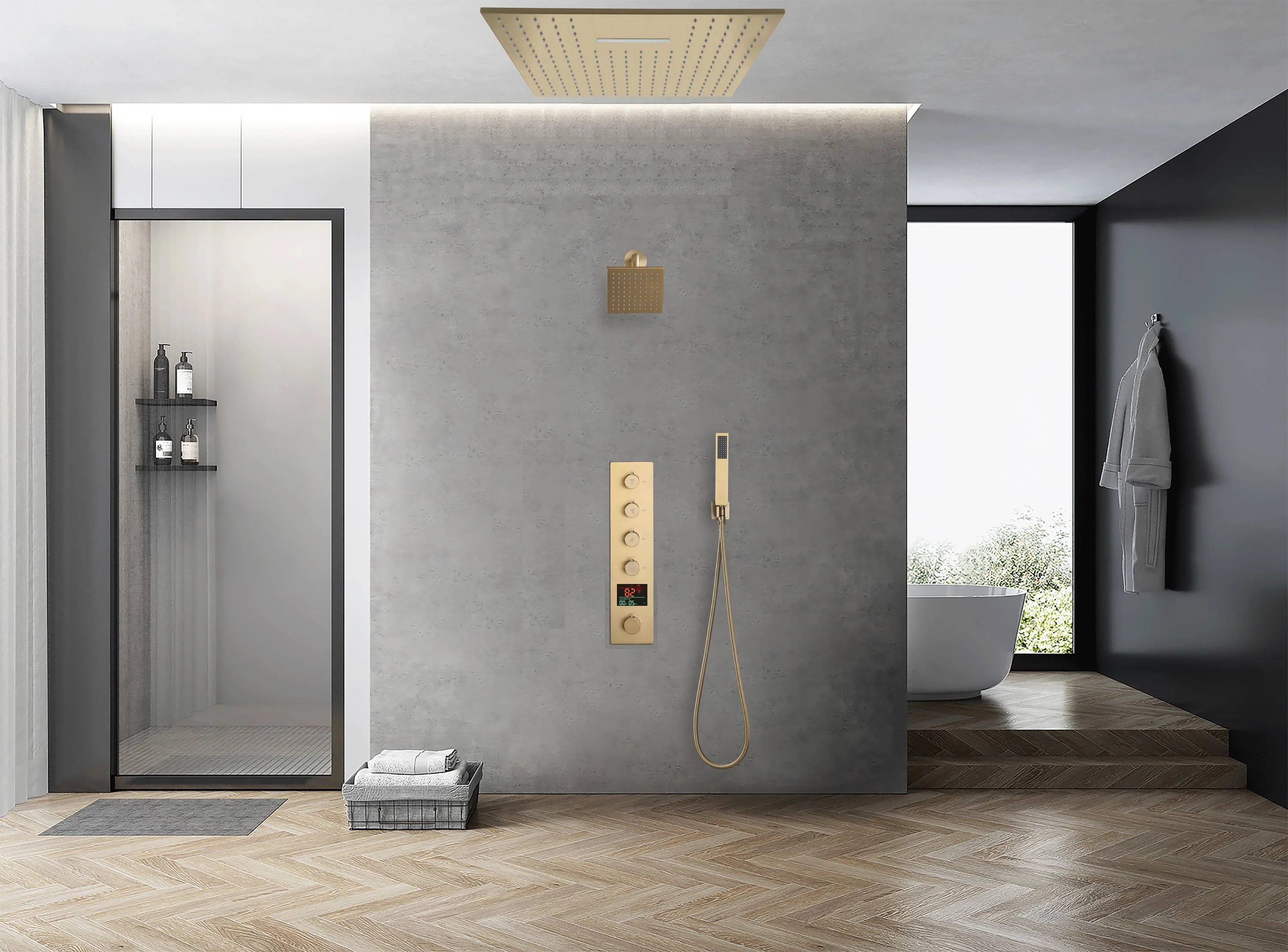 Brushed Gold 20-Inch Or 24-Inch Rainfall Waterfall Ceiling Mount Shower Head with 4-Way Thermostatic Faucet, High-Pressure Wall Mount Head - Image 6