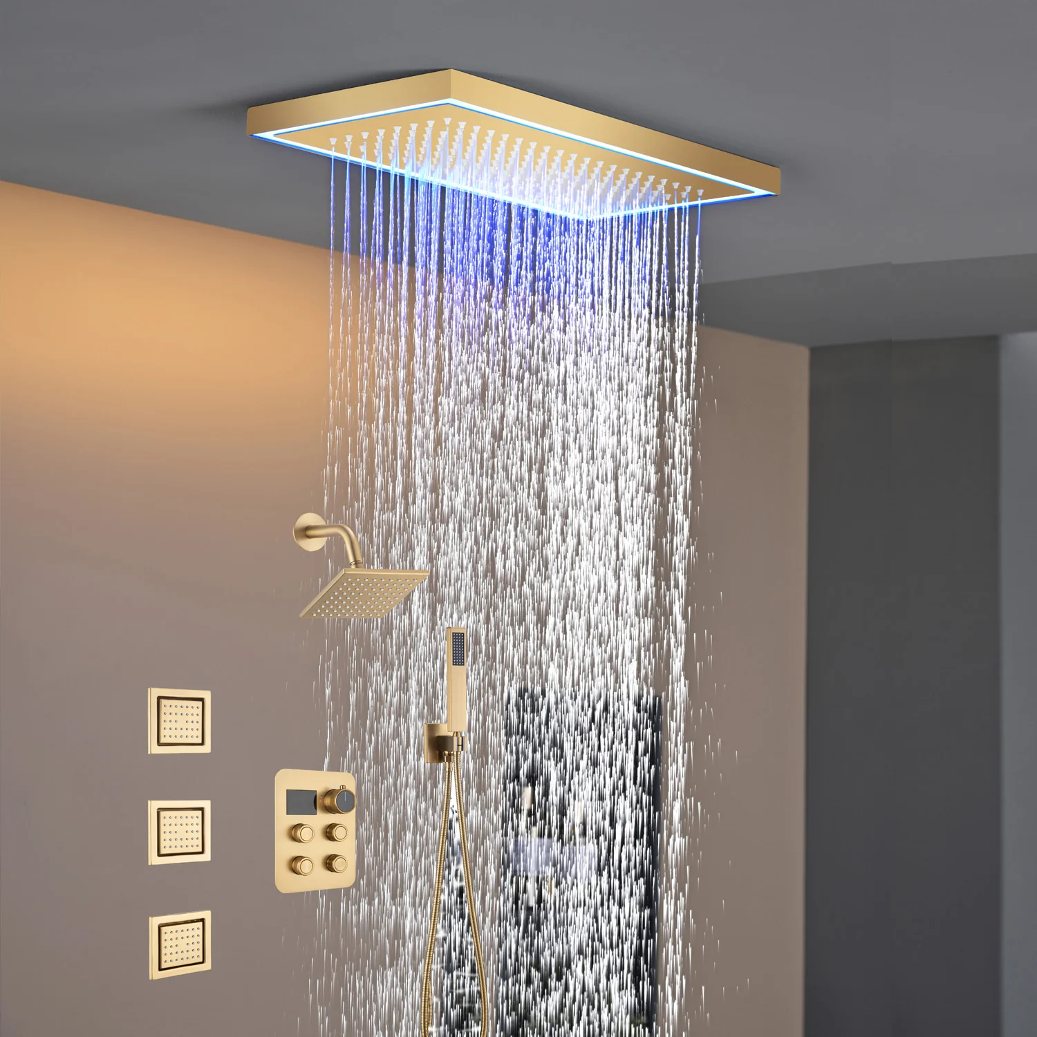 Matte black or Brushed nickel or Brushed Gold 16 x 8-Inch Rainfall Flush Mount Shower Head with 4-Way Digital Display Thermostatic Faucet, Body Jets, and High-Pressure Wall Mount Head - Image 19
