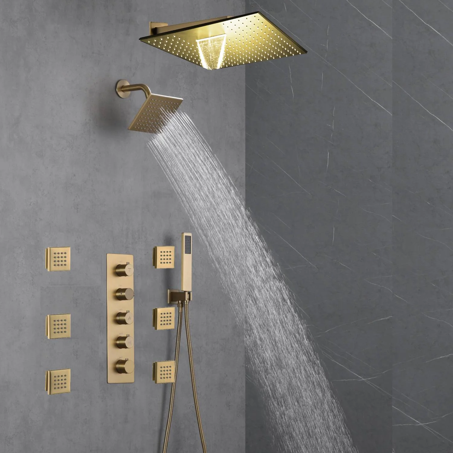 Brushed Gold 12-Inch or 16-Inch Rainfall Wall Mount Shower Head with 4-Way Thermostatic Faucet, Body Jets, and High-Pressure Wall Mount Head - Image 10