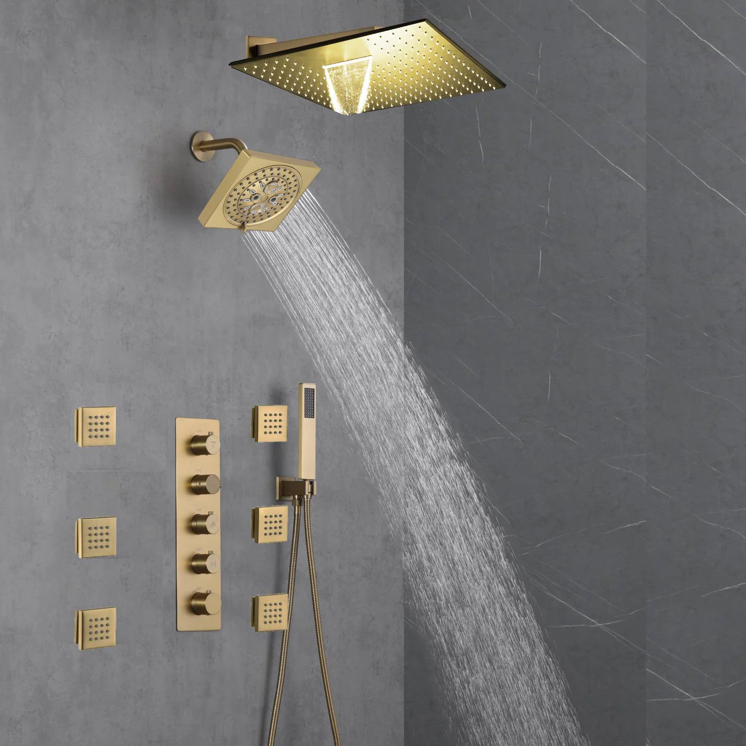 Brushed Gold 12-Inch or 16-Inch Rainfall Wall Mount Shower Head with 4-Way Thermostatic Faucet, Body Jets, and High-Pressure Wall Mount Head - Image 11