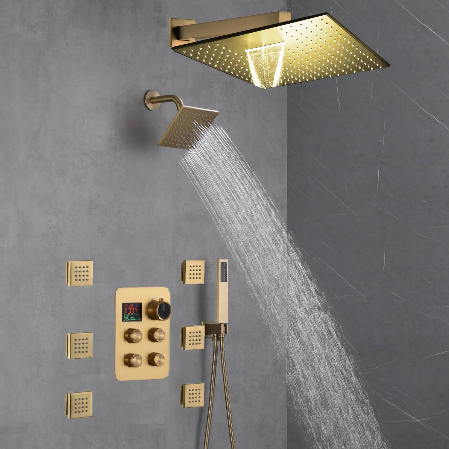 Brushed Gold 12-Inch or 16-Inch Rainfall Wall Mount Shower Head with 4-Way Thermostatic Faucet, Body Jets, and High-Pressure Wall Mount Head - Image 12