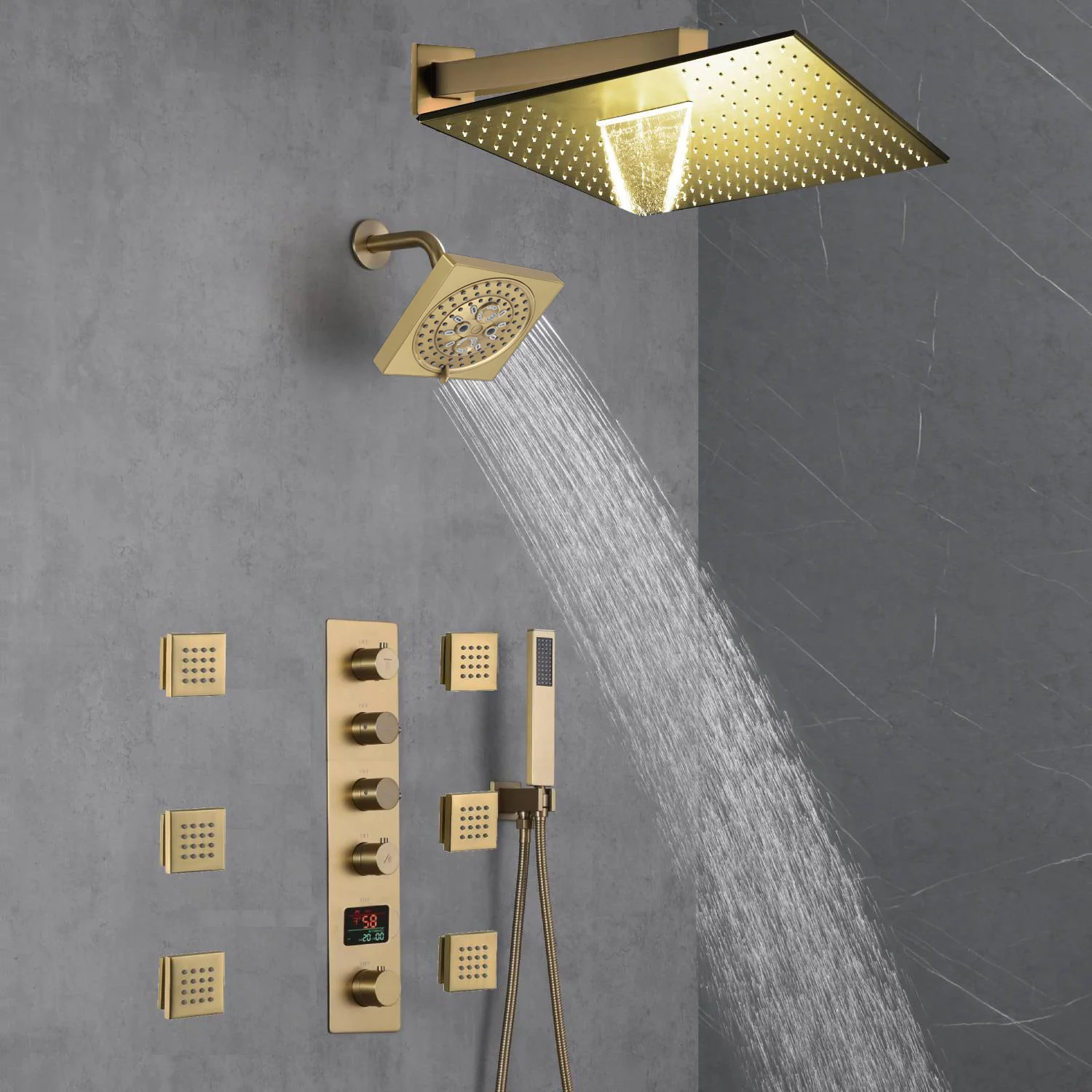 Brushed Gold 12-Inch or 16-Inch Rainfall Wall Mount Shower Head with 4-Way Thermostatic Faucet, Body Jets, and High-Pressure Wall Mount Head - Image 2