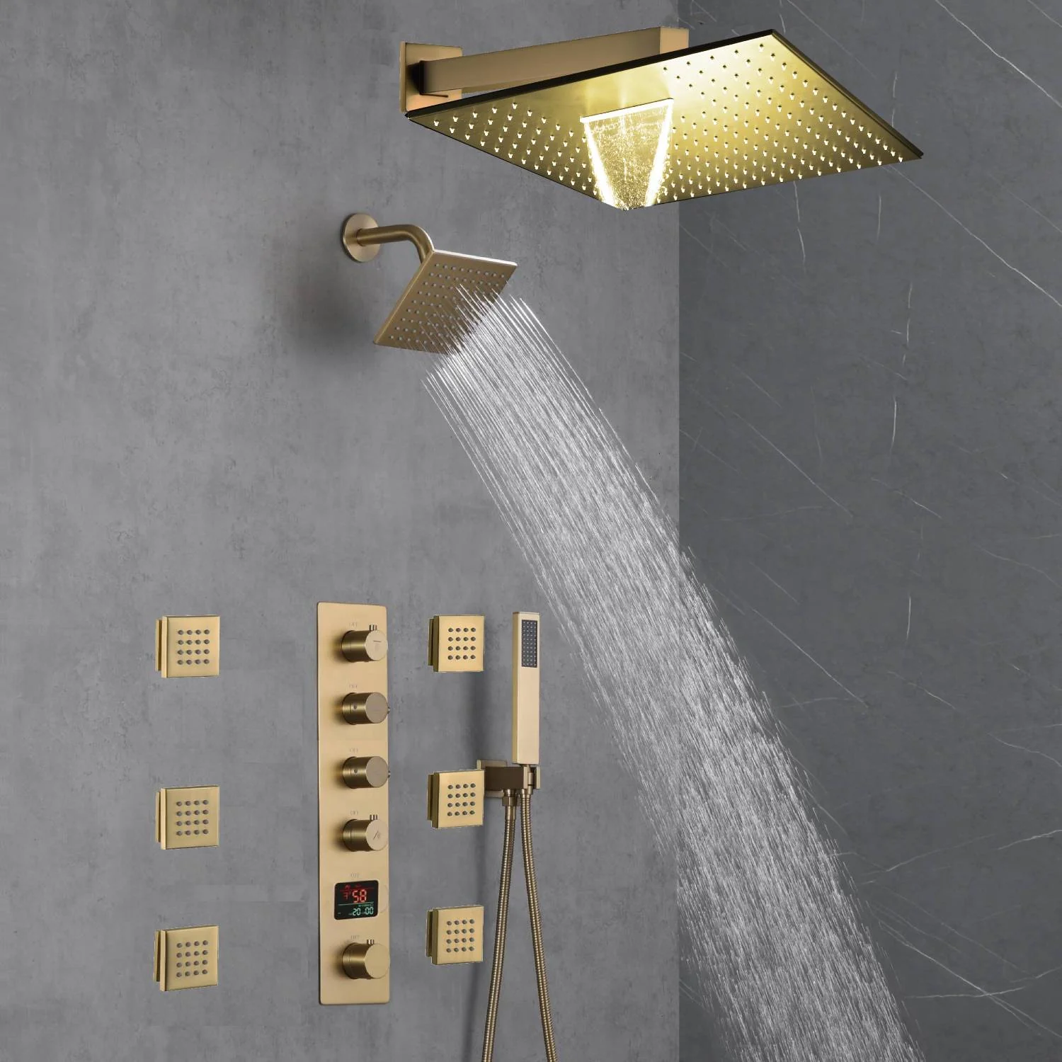 Brushed Gold 12-Inch or 16-Inch Rainfall Wall Mount Shower Head with 4-Way Thermostatic Faucet, Body Jets, and High-Pressure Wall Mount Head - Image 3