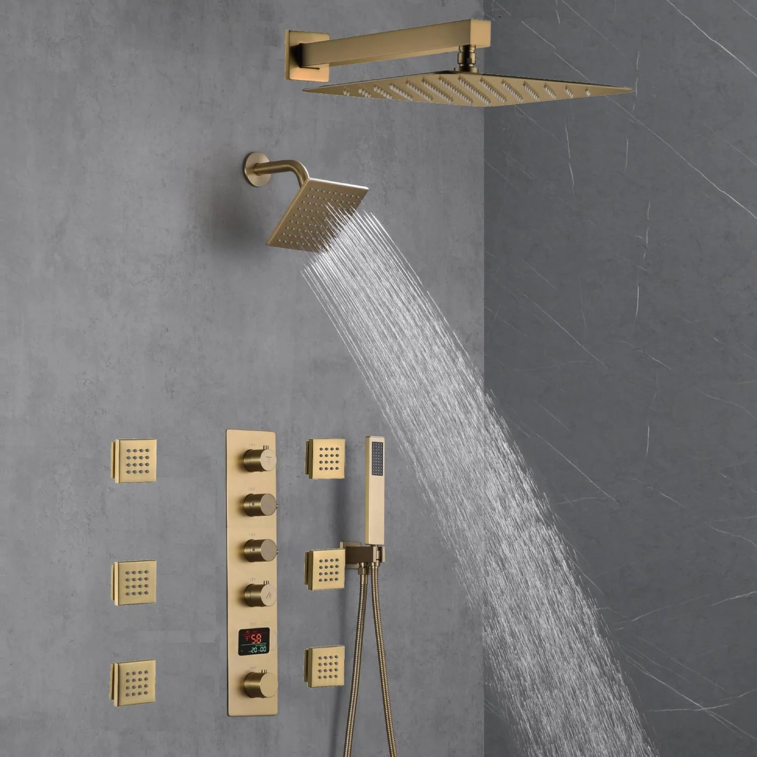 Brushed Gold 12-Inch or 16-Inch Rainfall Wall Mount Shower Head with 4-Way Thermostatic Faucet, Body Jets, and High-Pressure Wall Mount Head - Image 4