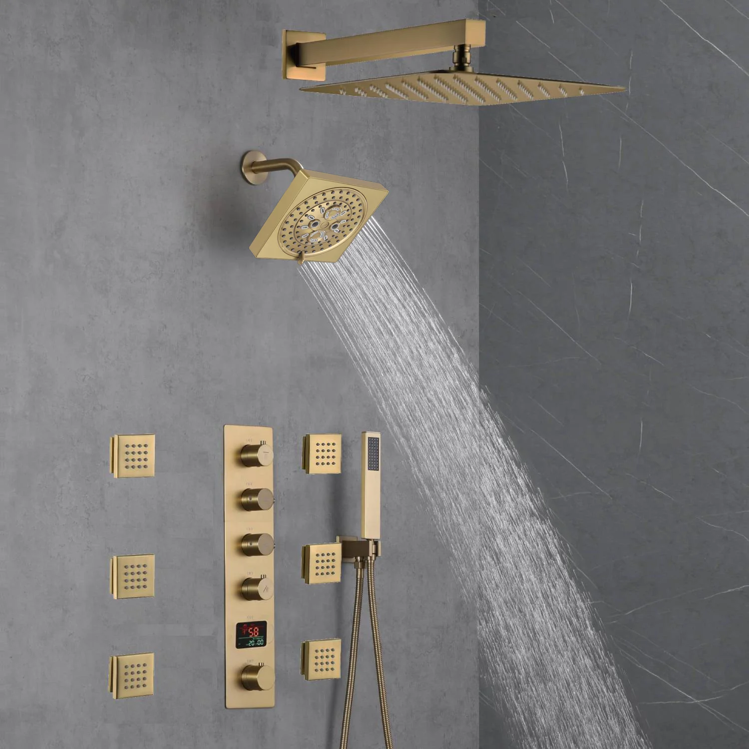 Brushed Gold 12-Inch or 16-Inch Rainfall Wall Mount Shower Head with 4-Way Thermostatic Faucet, Body Jets, and High-Pressure Wall Mount Head - Image 5