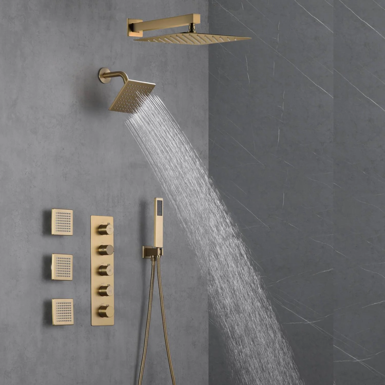 Brushed Gold 12-Inch or 16-Inch Rainfall Wall Mount Shower Head with 4-Way Thermostatic Faucet, Body Jets, and High-Pressure Wall Mount Head - Image 6