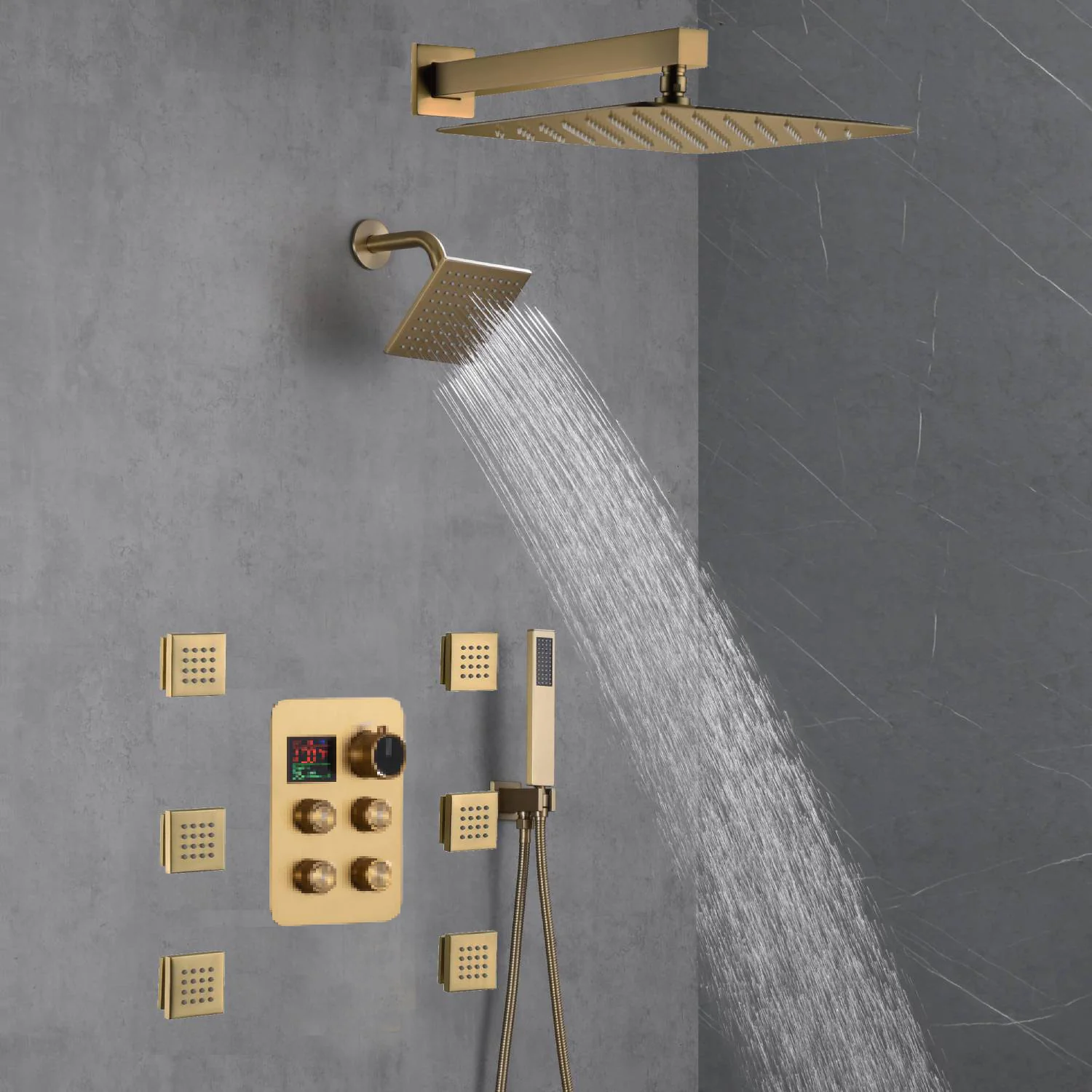 Brushed Gold 12-Inch or 16-Inch Rainfall Wall Mount Shower Head with 4-Way Thermostatic Faucet, Body Jets, and High-Pressure Wall Mount Head - Image 7