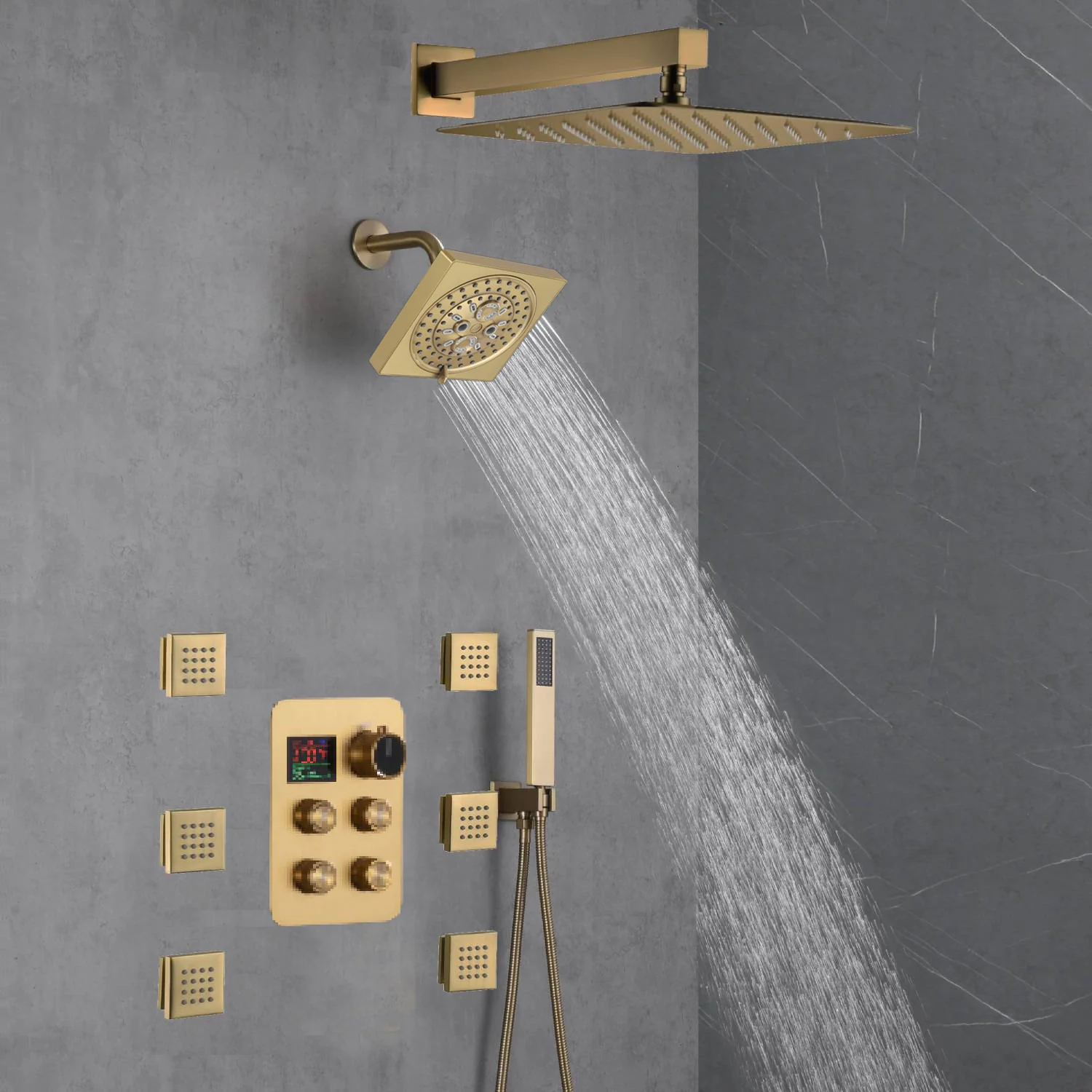 Brushed Gold 12-Inch or 16-Inch Rainfall Wall Mount Shower Head with 4-Way Thermostatic Faucet, Body Jets, and High-Pressure Wall Mount Head - Image 8