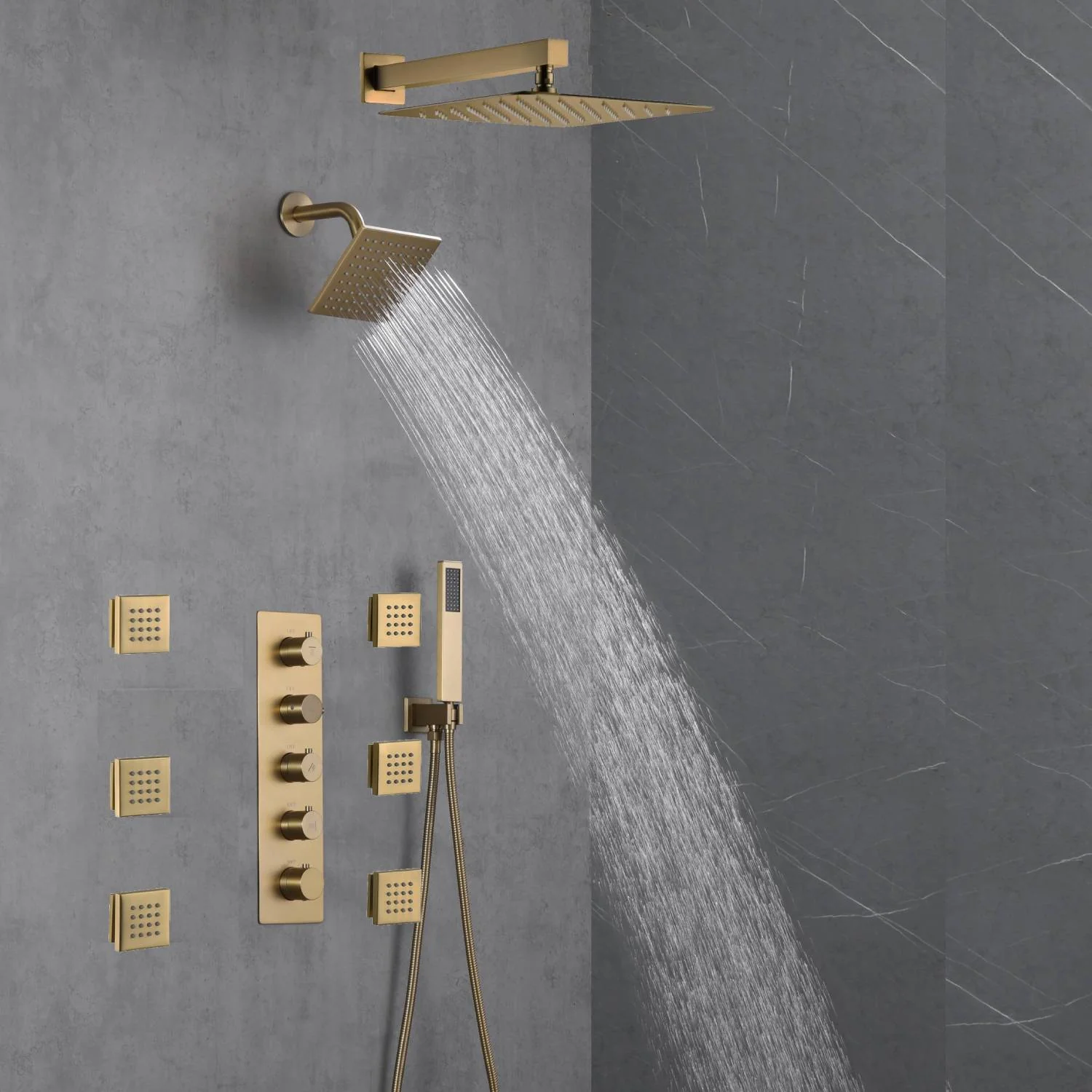 Brushed Gold 12-Inch or 16-Inch Rainfall Wall Mount Shower Head with 4-Way Thermostatic Faucet, Body Jets, and High-Pressure Wall Mount Head - Image 9