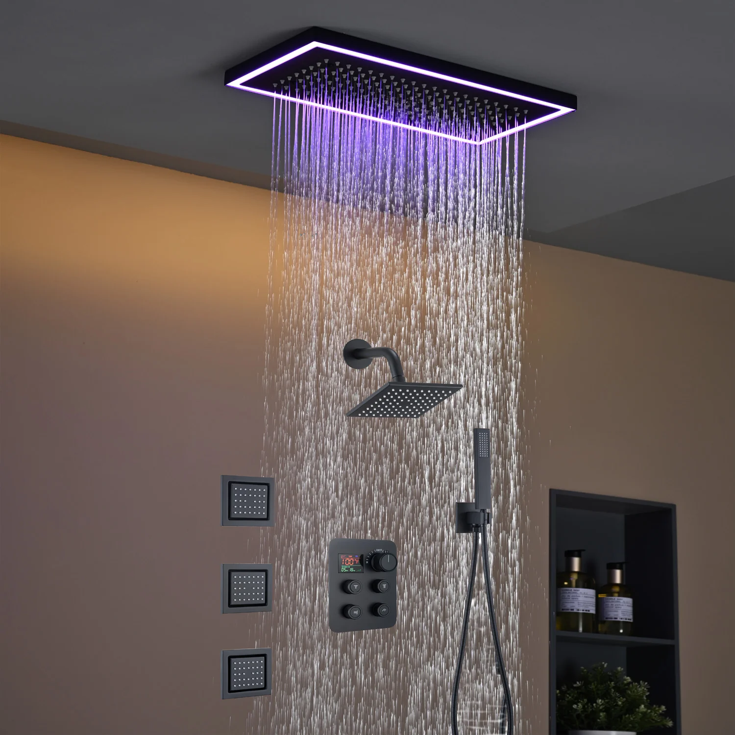 Matte black or Brushed nickel or Brushed Gold 16 x 8-Inch Rainfall Flush Mount Shower Head with 4-Way Digital Display Thermostatic Faucet, Body Jets, and High-Pressure Wall Mount Head - Image 2