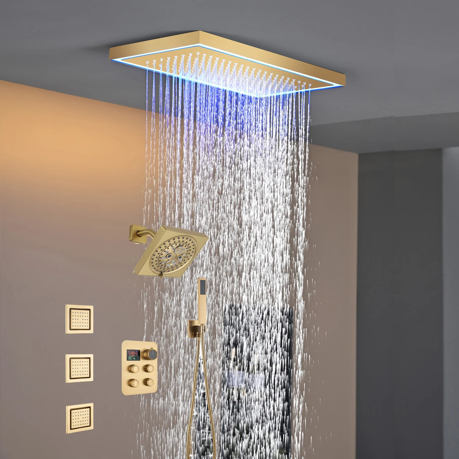 Matte black or Brushed nickel or Brushed Gold 16 x 8-Inch Rainfall Flush Mount Shower Head with 4-Way Digital Display Thermostatic Faucet, Body Jets, and High-Pressure Wall Mount Head - Image 20