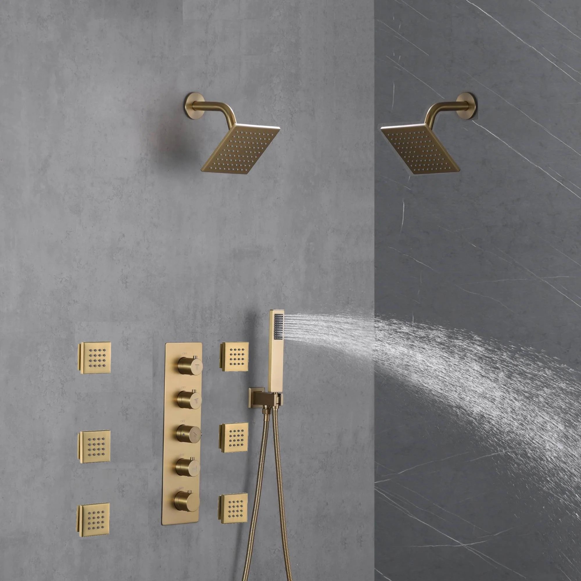 Brushed Gold Wall Mount Dual regular high water pressure Shower Head with 4-Way Thermostatic Faucet, Body Jets - Image 2