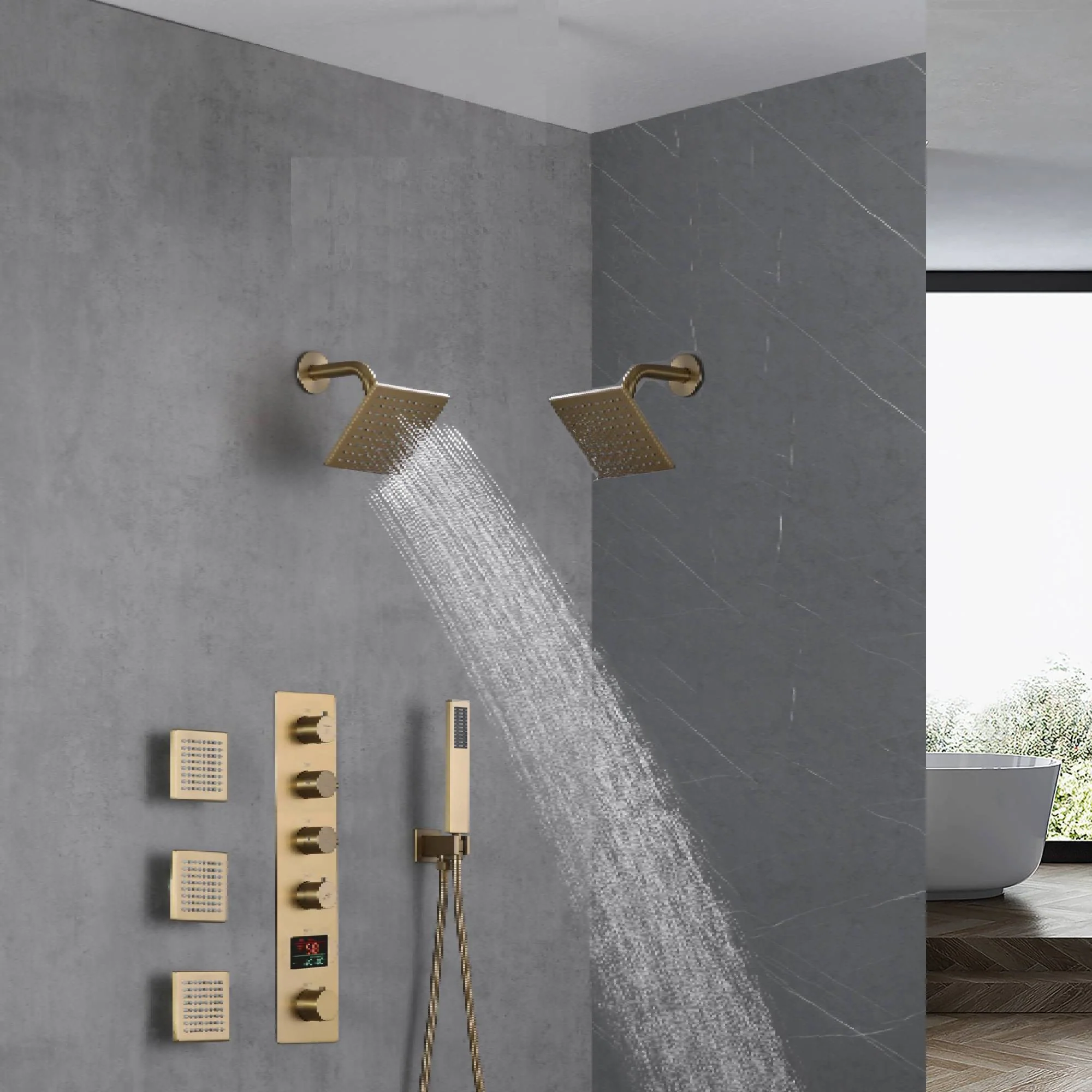 Brushed Gold Wall Mount Dual regular high water pressure Shower Head with 4-Way Thermostatic Faucet, Body Jets - Image 3