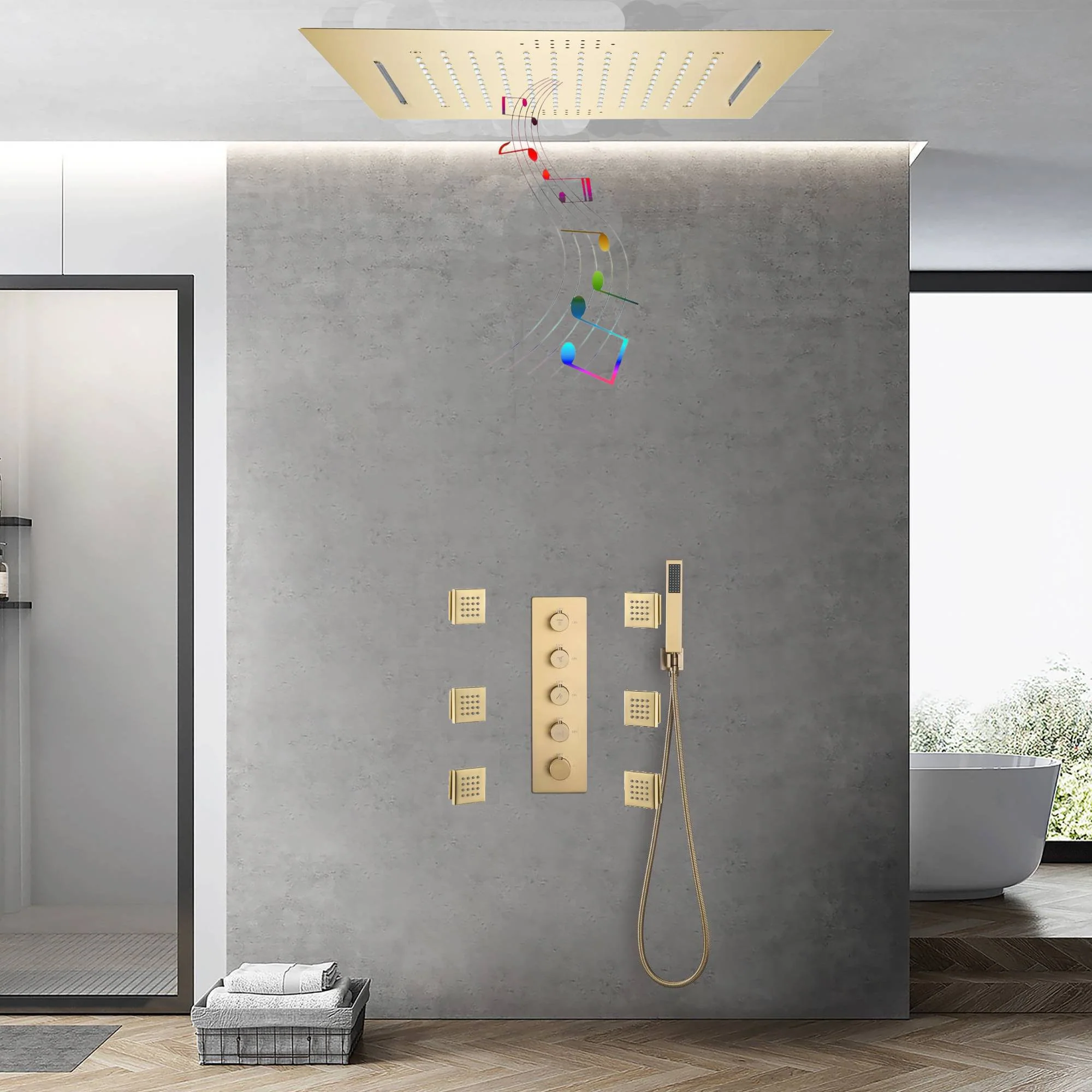 Brushed Gold 20-Inch or 24 inch Rainfall Waterfall Ceiling or flush Mount Shower Head with 4-Way Thermostatic Faucet, Body Jets - Image 2