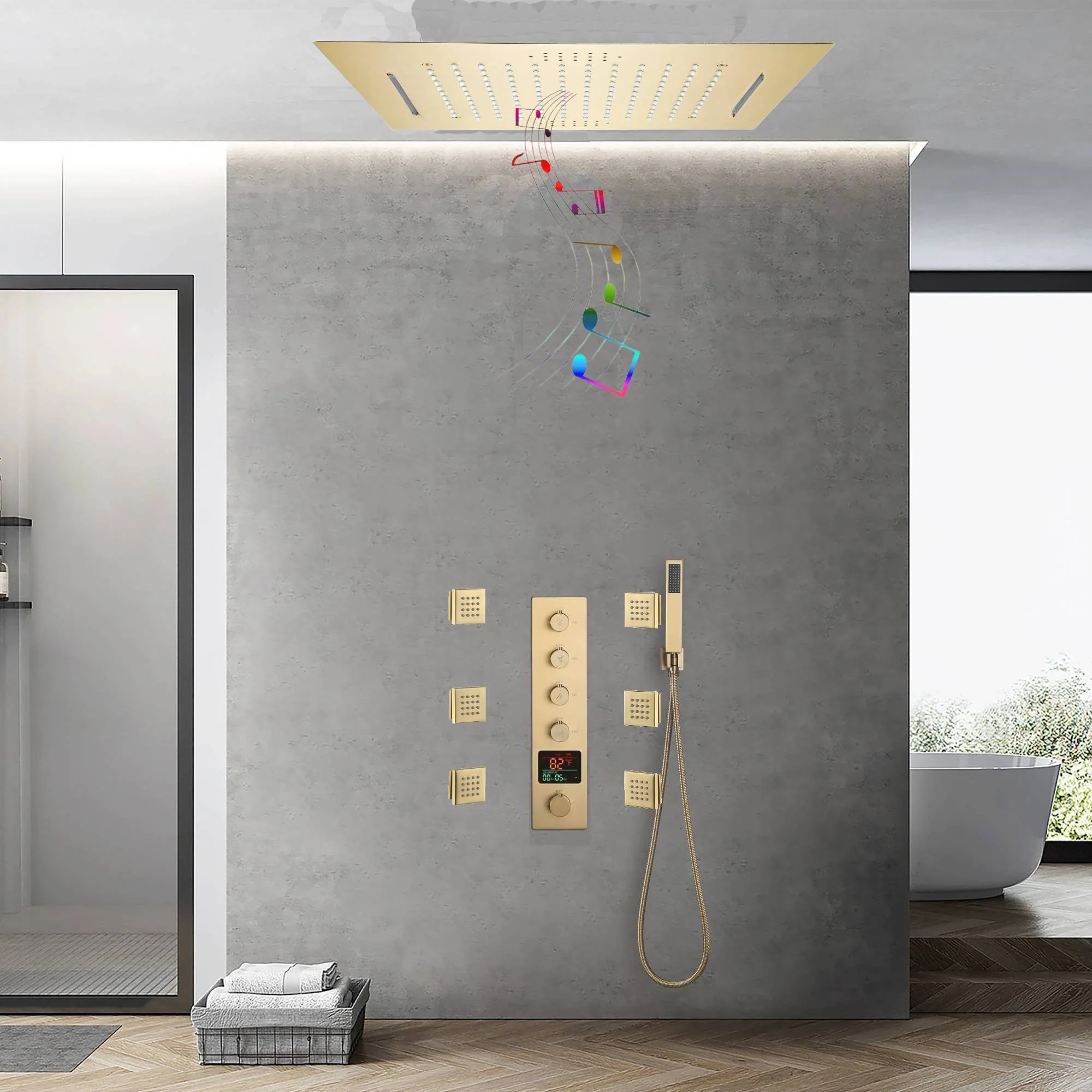 Brushed Gold 20-Inch or 24 inch Rainfall Waterfall Ceiling or flush Mount Shower Head with 4-Way Thermostatic Faucet, Body Jets - Image 4