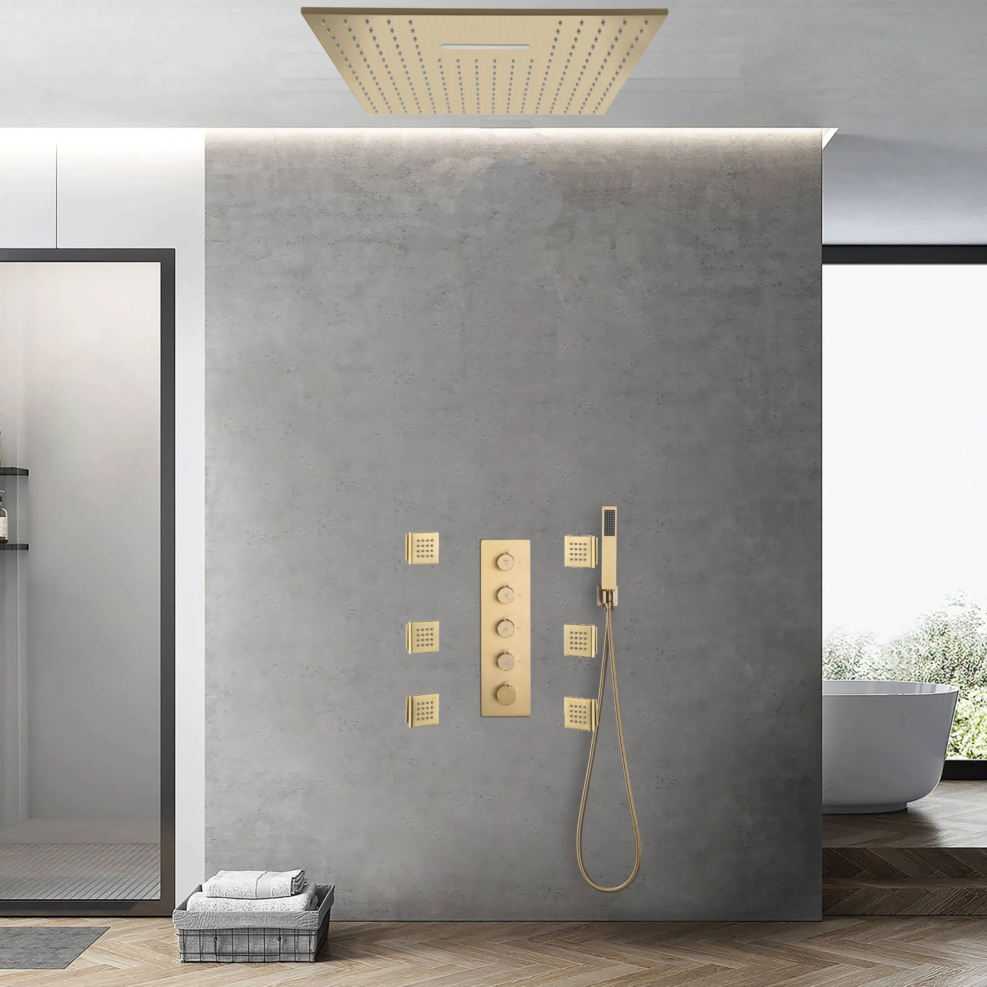Brushed Gold 20-Inch or 24 inch Rainfall Waterfall Ceiling or flush Mount Shower Head with 4-Way Thermostatic Faucet, Body Jets - Image 6
