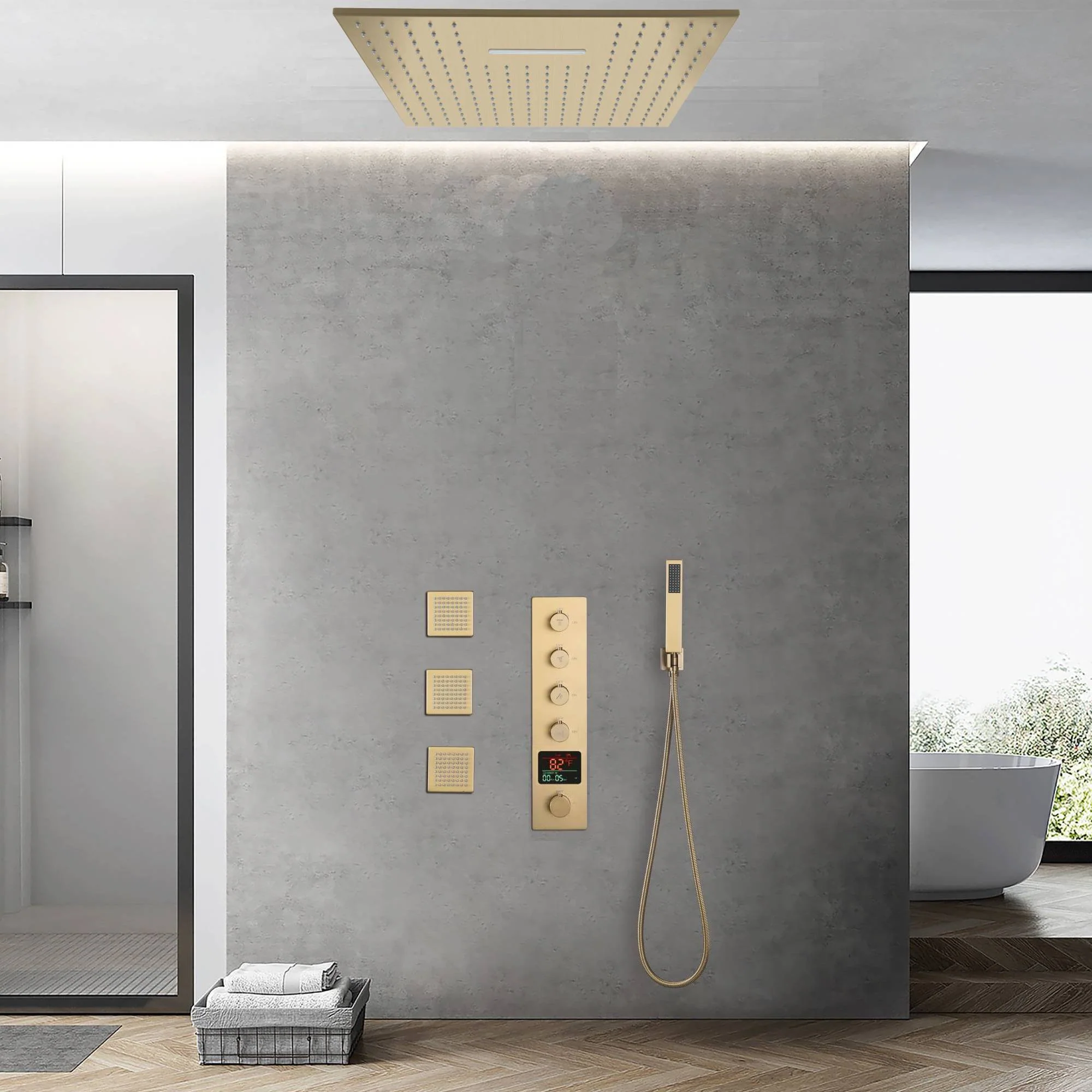 Brushed Gold 20-Inch or 24 inch Rainfall Waterfall Ceiling or flush Mount Shower Head with 4-Way Thermostatic Faucet, Body Jets - Image 7