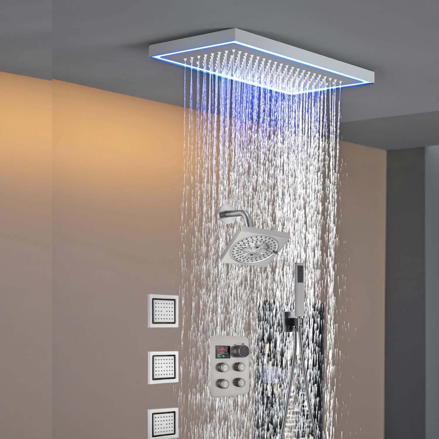 Matte black or Brushed nickel or Brushed Gold 16 x 8-Inch Rainfall Flush Mount Shower Head with 4-Way Digital Display Thermostatic Faucet, Body Jets, and High-Pressure Wall Mount Head - Image 40