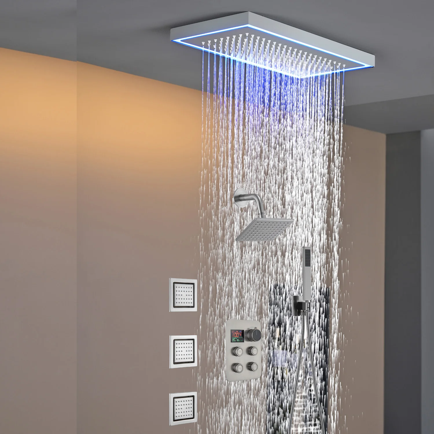 Matte black or Brushed nickel or Brushed Gold 16 x 8-Inch Rainfall Flush Mount Shower Head with 4-Way Digital Display Thermostatic Faucet, Body Jets, and High-Pressure Wall Mount Head - Image 41
