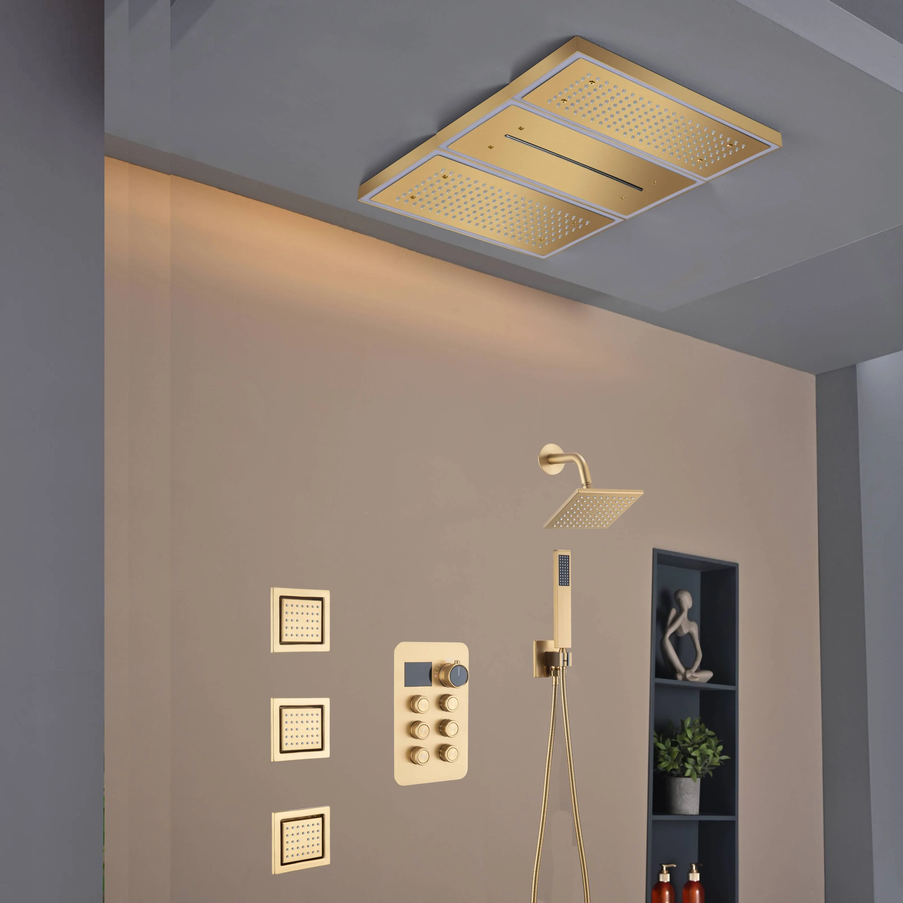 Flush Mount 24 X 16 inch or 48 x 8 inch Rainfall Waterfall 64 LED Light Shower Head with 6-Way Thermostatic Faucet, Body Jets, and High-Pressure Wall Mount Head - Image 45