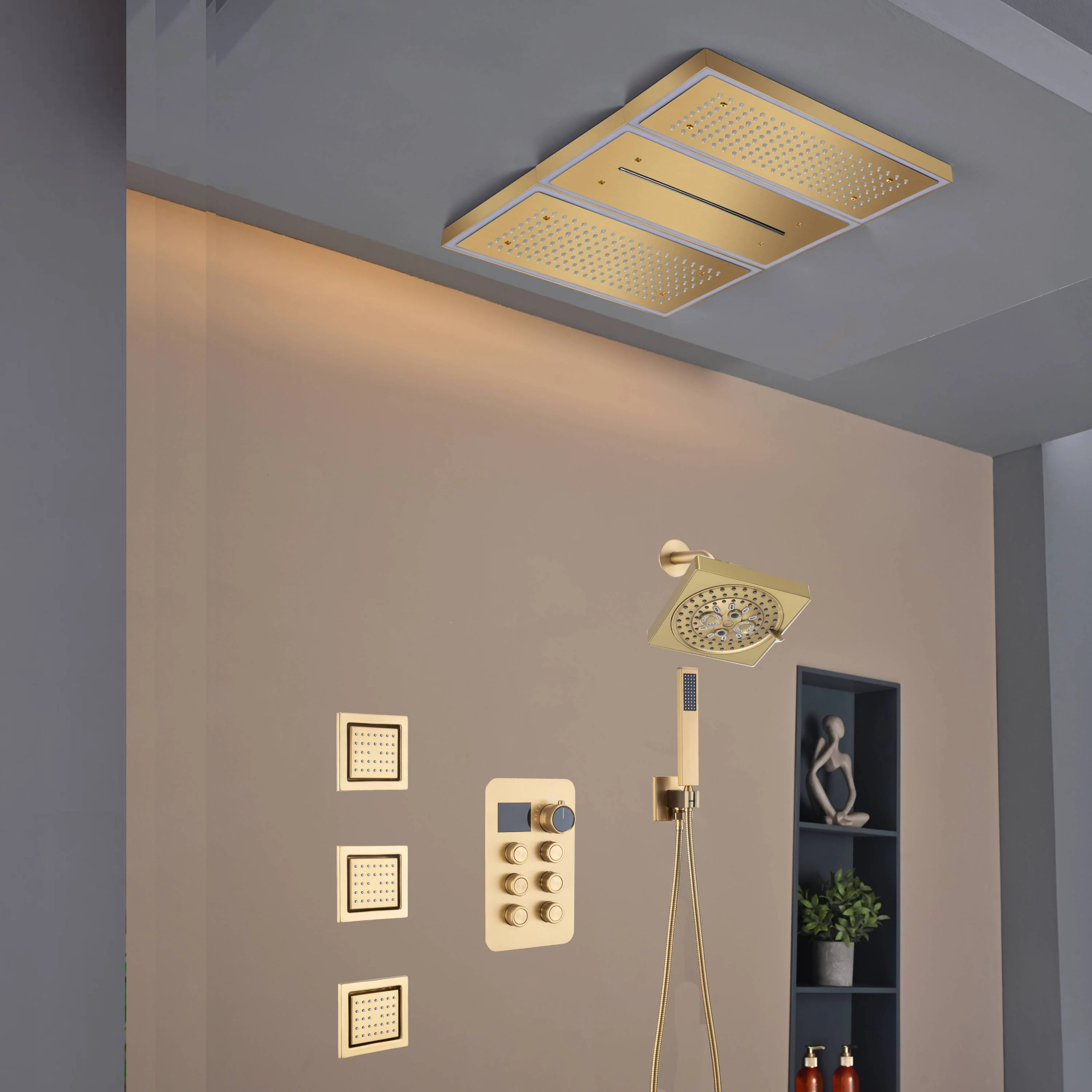 Flush Mount 24 X 16 inch or 48 x 8 inch Rainfall Waterfall 64 LED Light Shower Head with 6-Way Thermostatic Faucet, Body Jets, and High-Pressure Wall Mount Head - Image 46