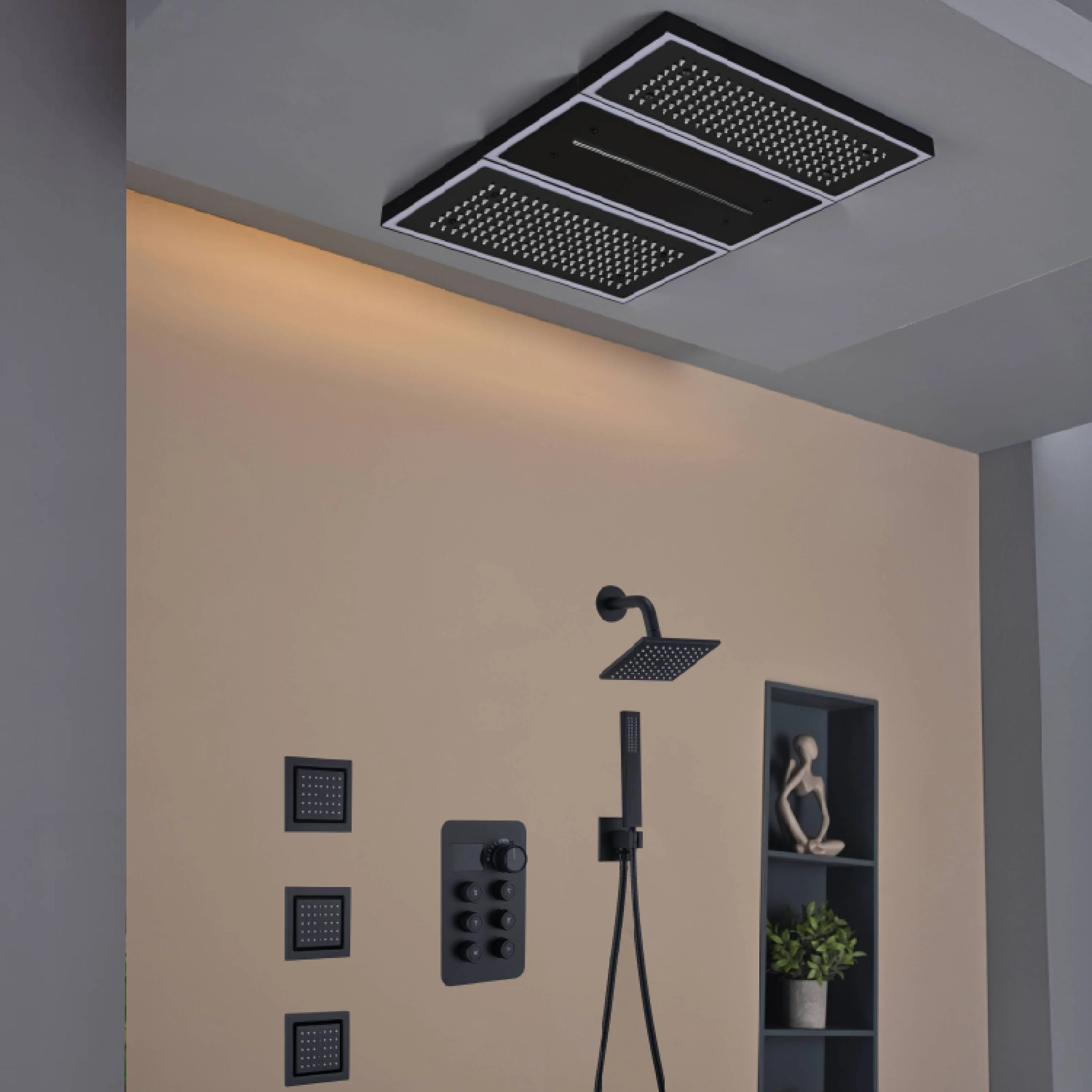 Flush Mount 24 X 16 inch or 48 x 8 inch Rainfall Waterfall 64 LED Light Shower Head with 6-Way Thermostatic Faucet, Body Jets, and High-Pressure Wall Mount Head - Image 47