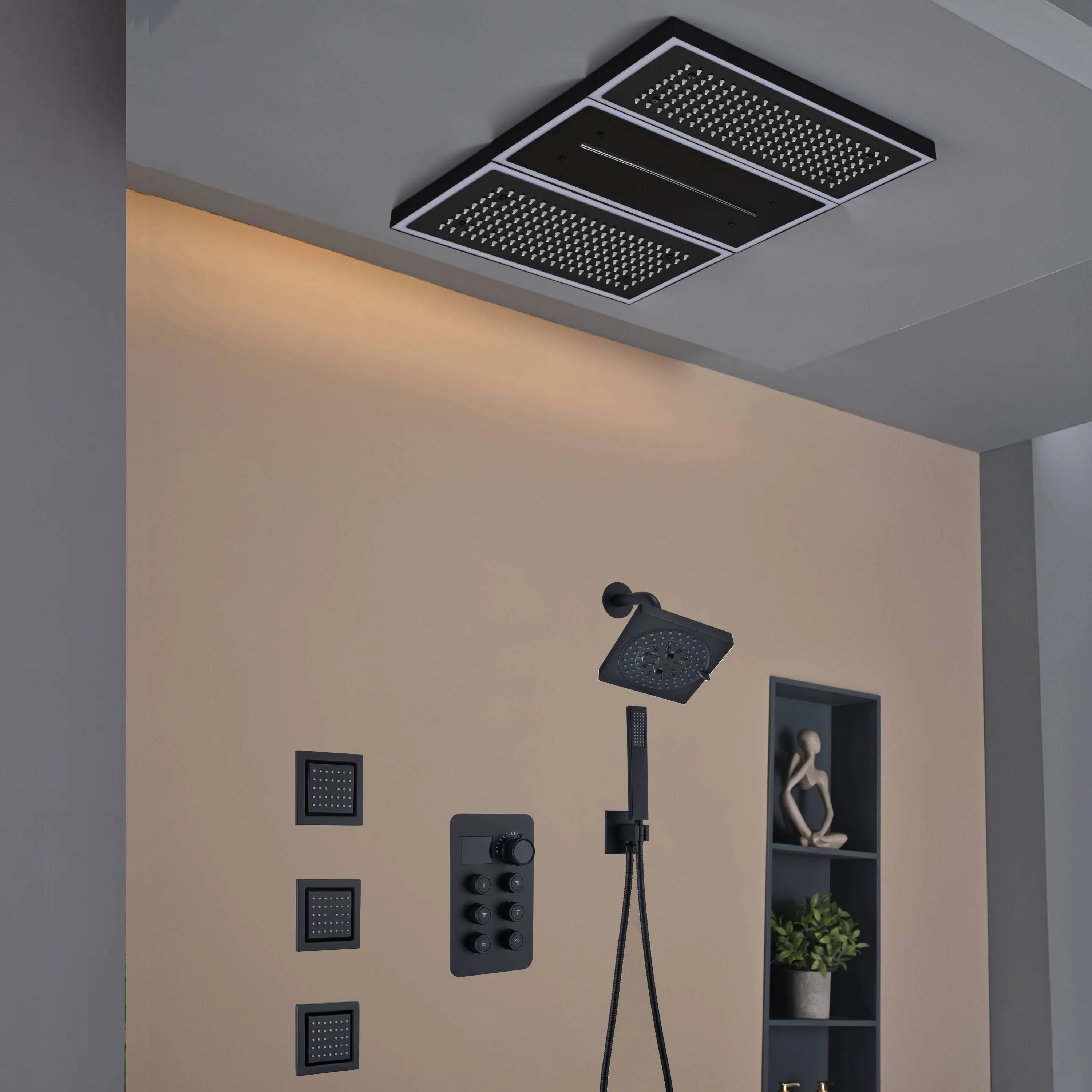 Flush Mount 24 X 16 inch or 48 x 8 inch Rainfall Waterfall 64 LED Light Shower Head with 6-Way Thermostatic Faucet, Body Jets, and High-Pressure Wall Mount Head - Image 48