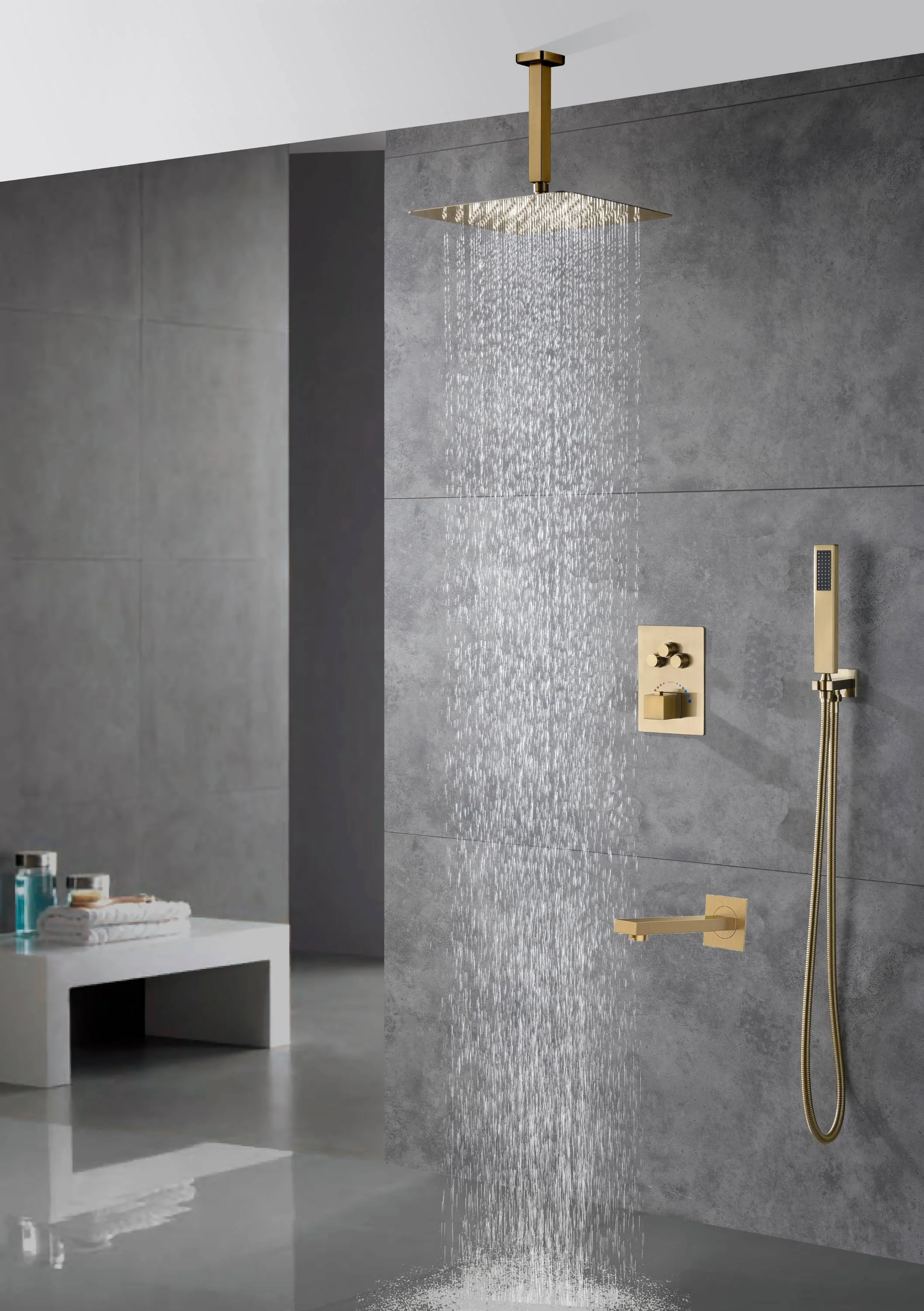 Ceiling-Mounted Brushed Gold Thermostatic Shower System with Tub Spout and Choice of 12 or 16 Inch Rainfall Head: Simultaneous or Separate Functionality - Image 2