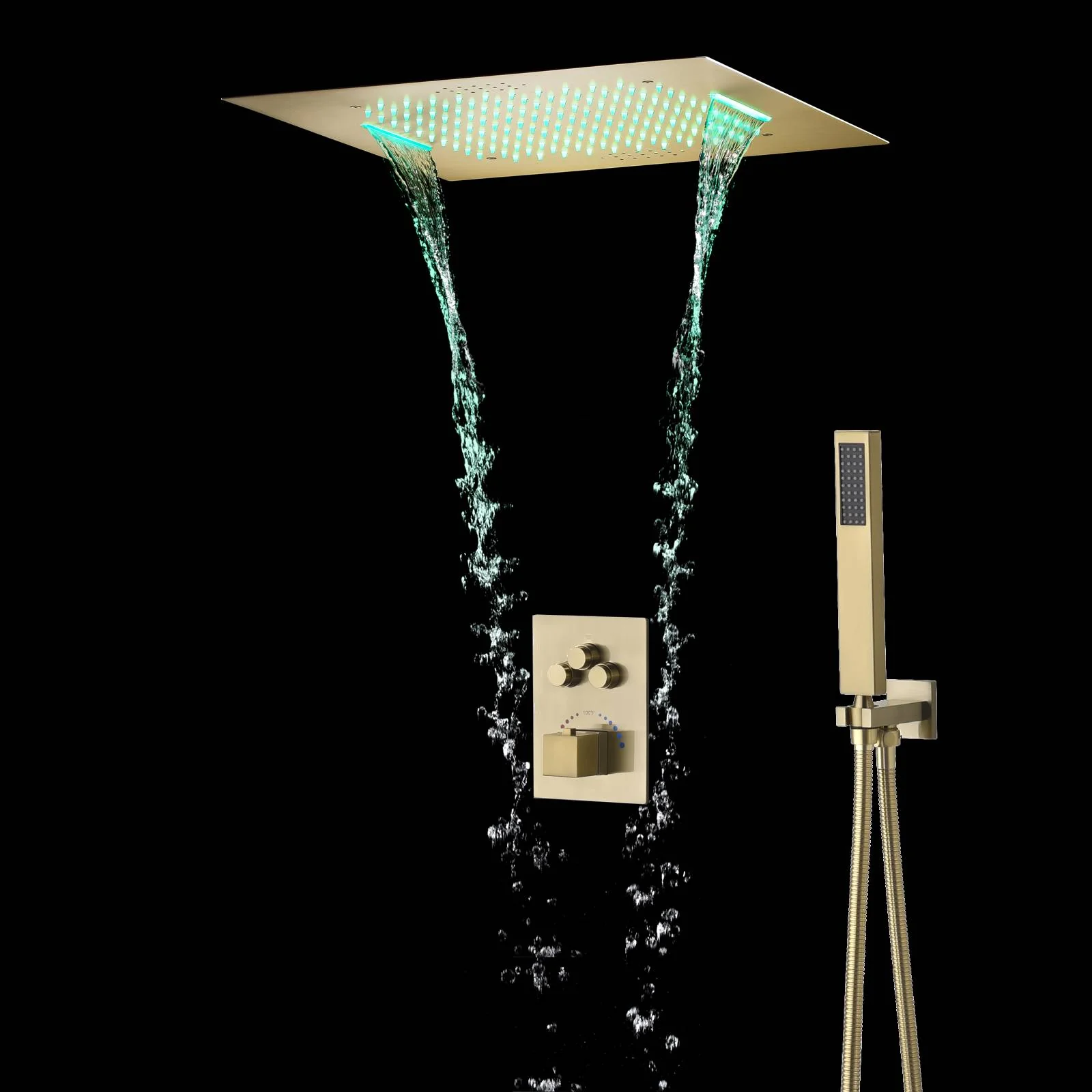 Brushed Gold 20x20" Thermostatic Shower Faucet with Bluetooth Music and 64 LED Lights - Image 2