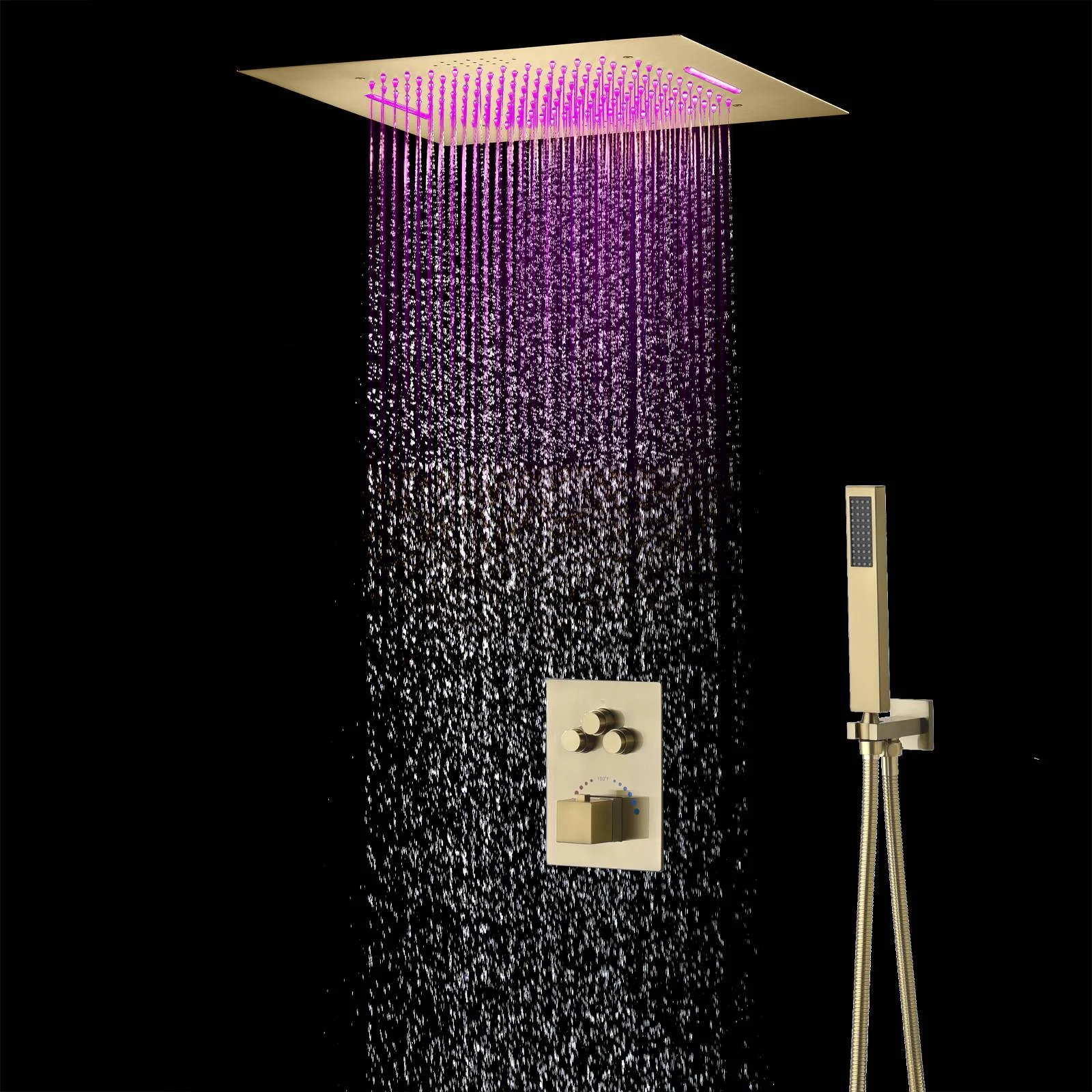Brushed Gold 20x20" Thermostatic Shower Faucet with Bluetooth Music and 64 LED Lights - Image 3