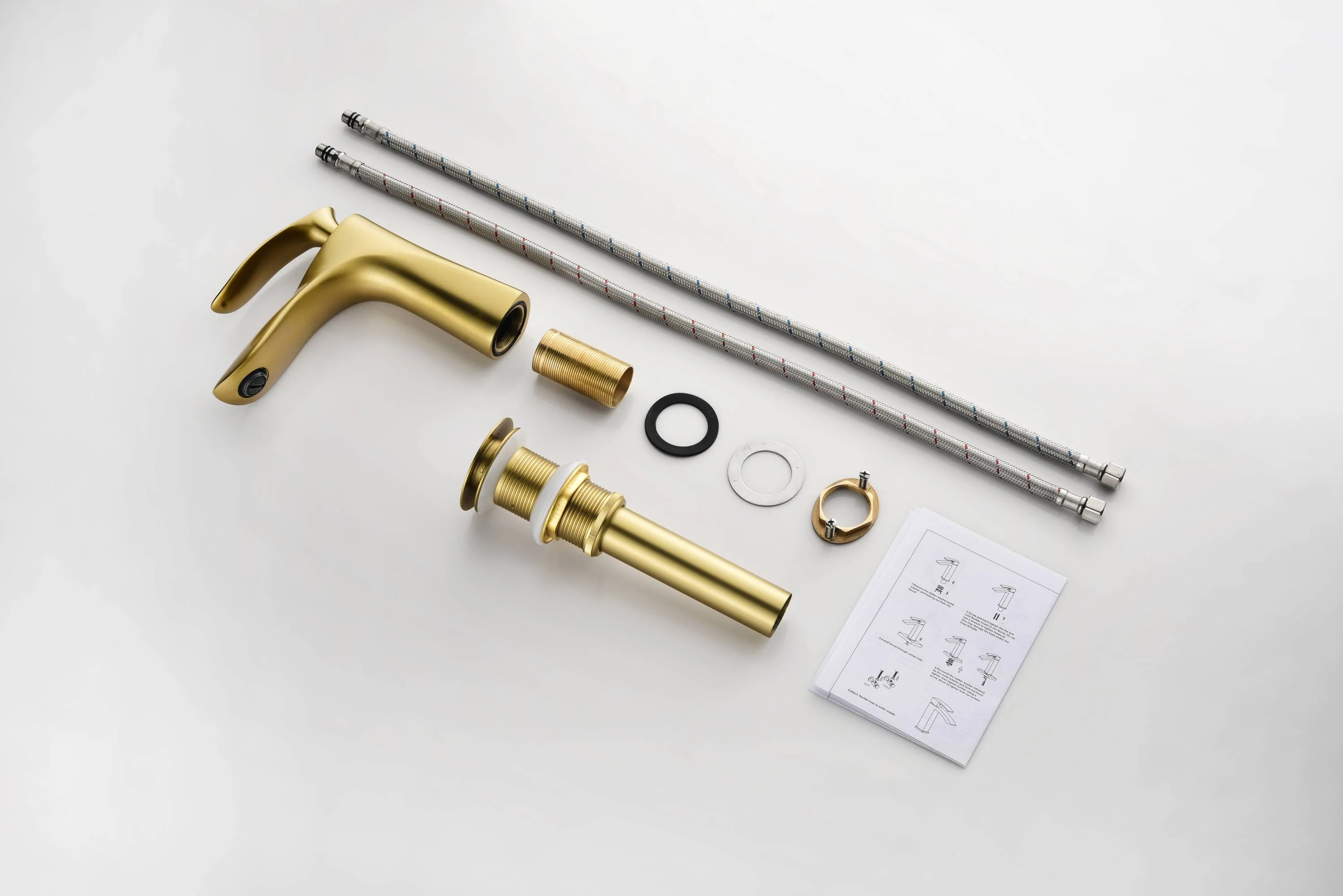 Brushed Gold Bathroom Sink Faucet single handle with pop up non-overflow brass drain - Image 6