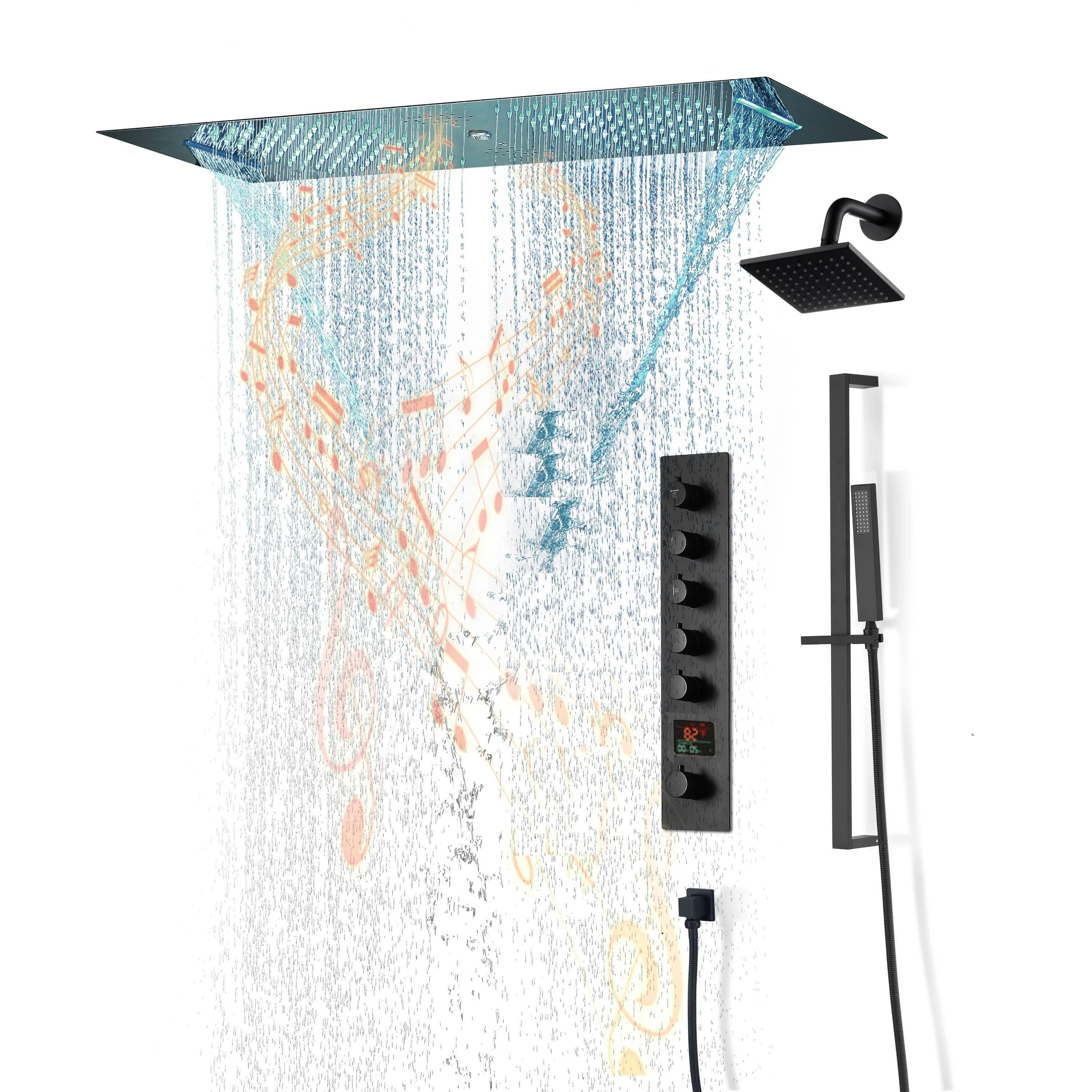 Brushed Gold or Brushed Nickel or Matte Black 35" Bluetooth Music LED Shower System with Waterfall, 5-Way Digital Thermostatic Valve, Regular Head, Touch Panel - Image 15