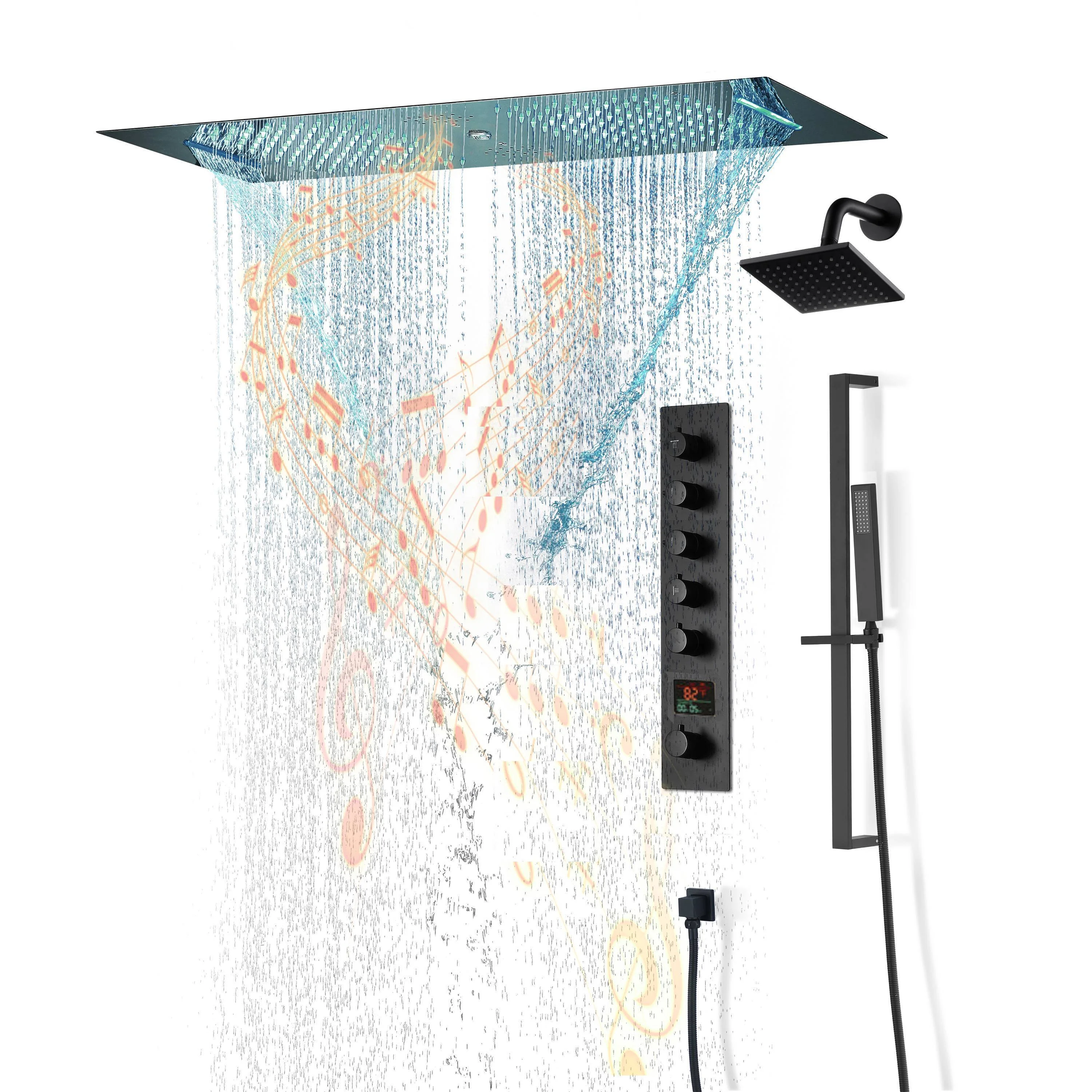 Brushed Gold or Brushed Nickel or Matte Black 35" Bluetooth Music LED Shower System with Waterfall, 5-Way Digital Thermostatic Valve, Regular Head, Touch Panel - Image 16
