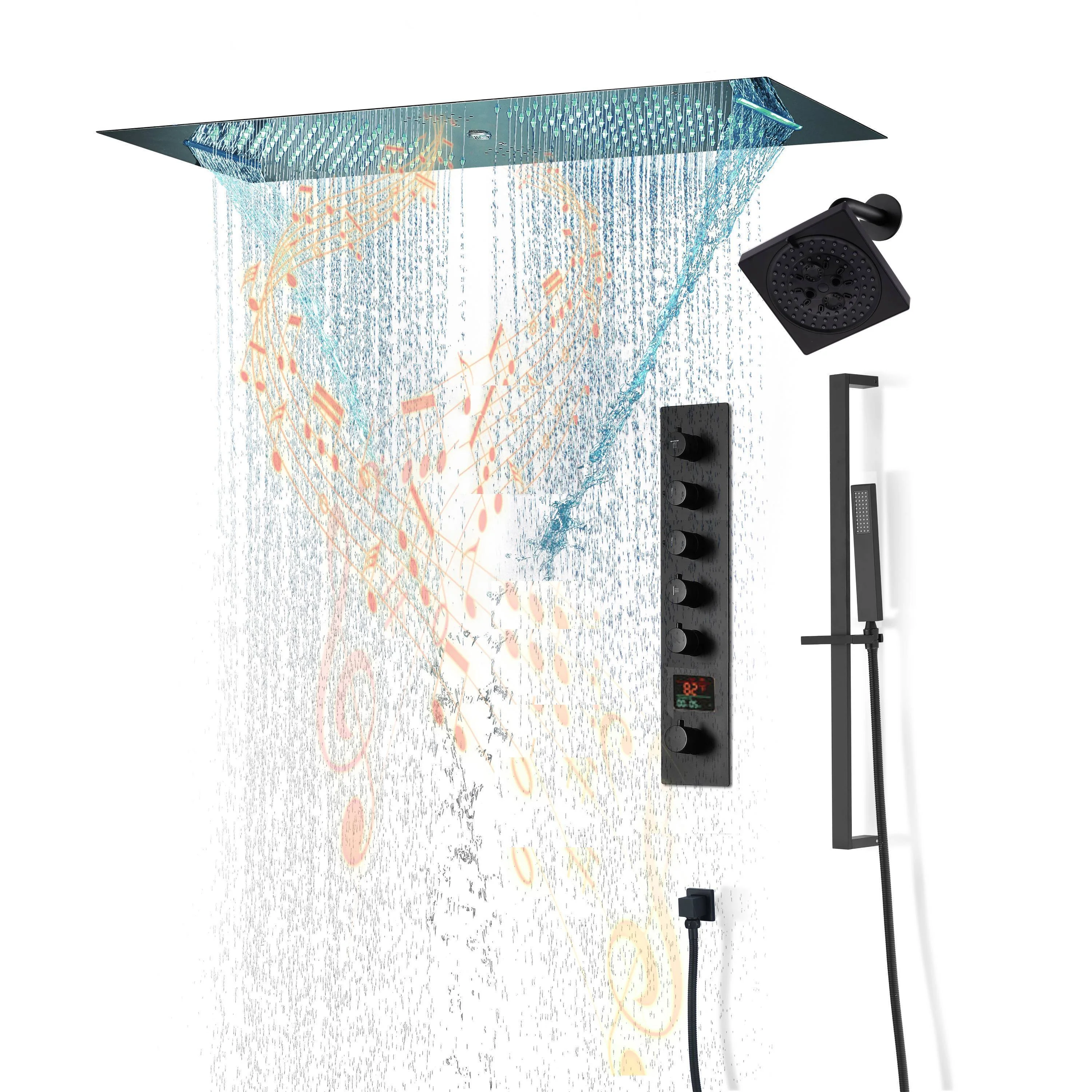 Brushed Gold or Brushed Nickel or Matte Black 35" Bluetooth Music LED Shower System with Waterfall, 5-Way Digital Thermostatic Valve, Regular Head, Touch Panel - Image 17