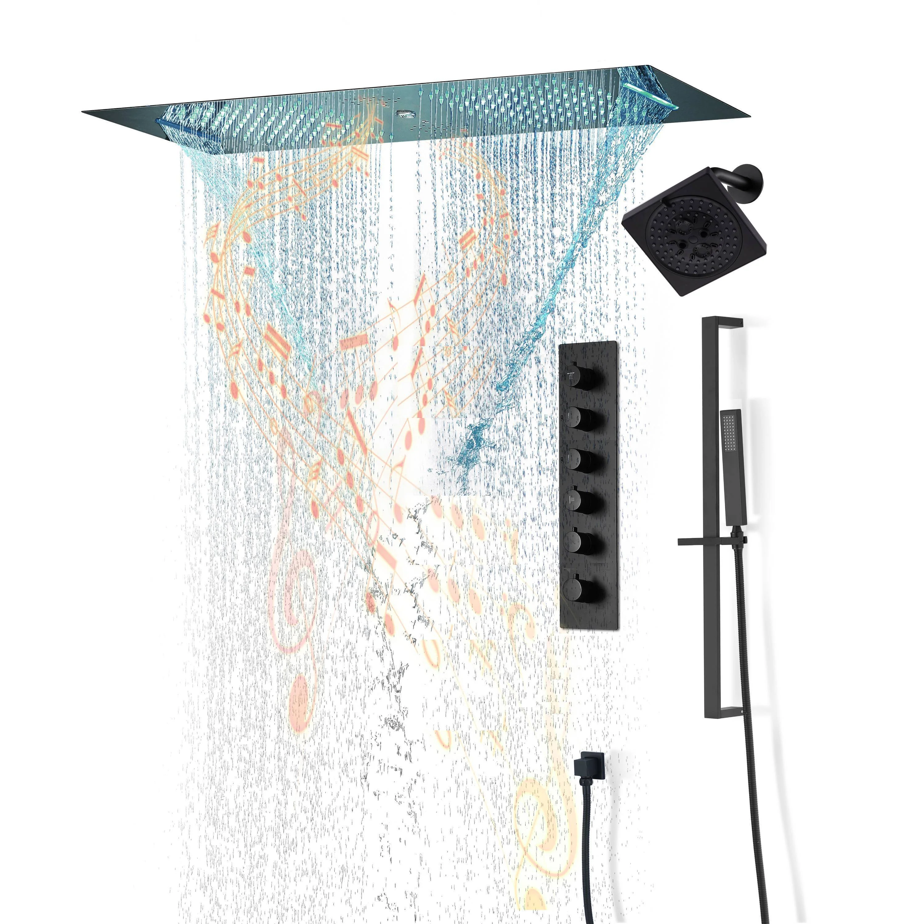 Brushed Gold or Brushed Nickel or Matte Black 35" Bluetooth Music LED Shower System with Waterfall, 5-Way Digital Thermostatic Valve, Regular Head, Touch Panel - Image 19