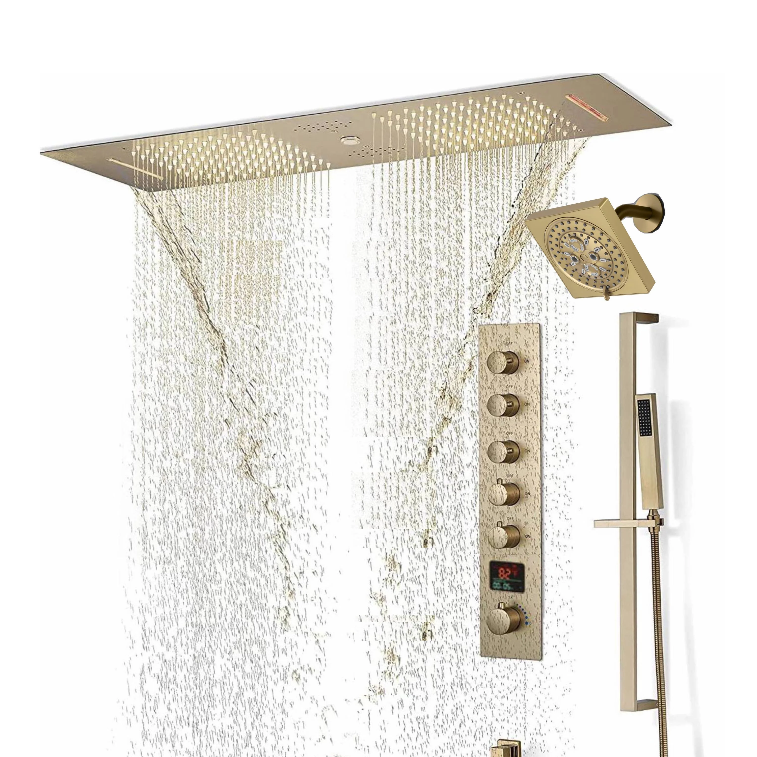 Brushed Gold or Brushed Nickel or Matte Black 35" Bluetooth Music LED Shower System with Waterfall, 5-Way Digital Thermostatic Valve, Regular Head, Touch Panel - Image 3