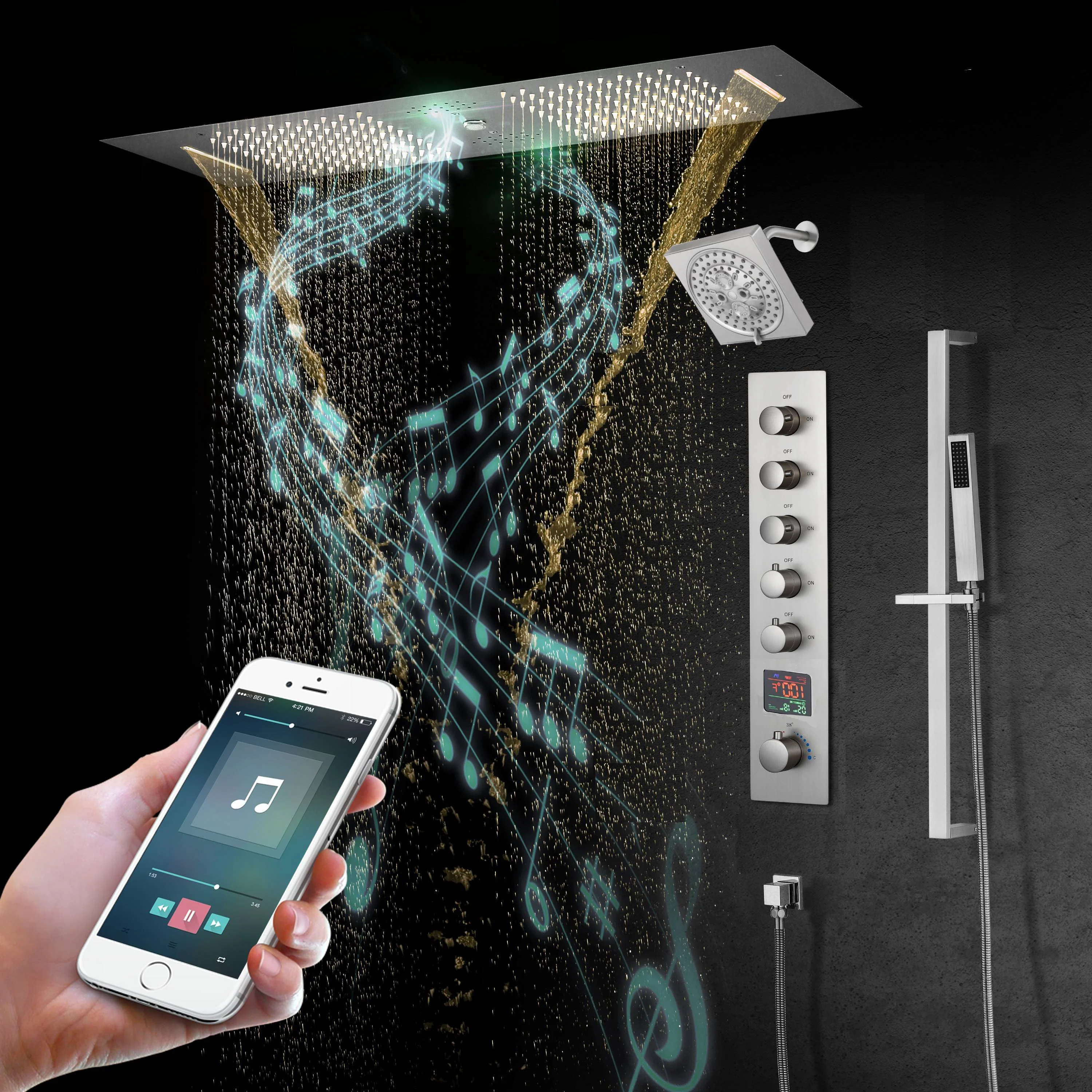 Brushed Gold or Brushed Nickel or Matte Black 35" Bluetooth Music LED Shower System with Waterfall, 5-Way Digital Thermostatic Valve, Regular Head, Touch Panel - Image 31
