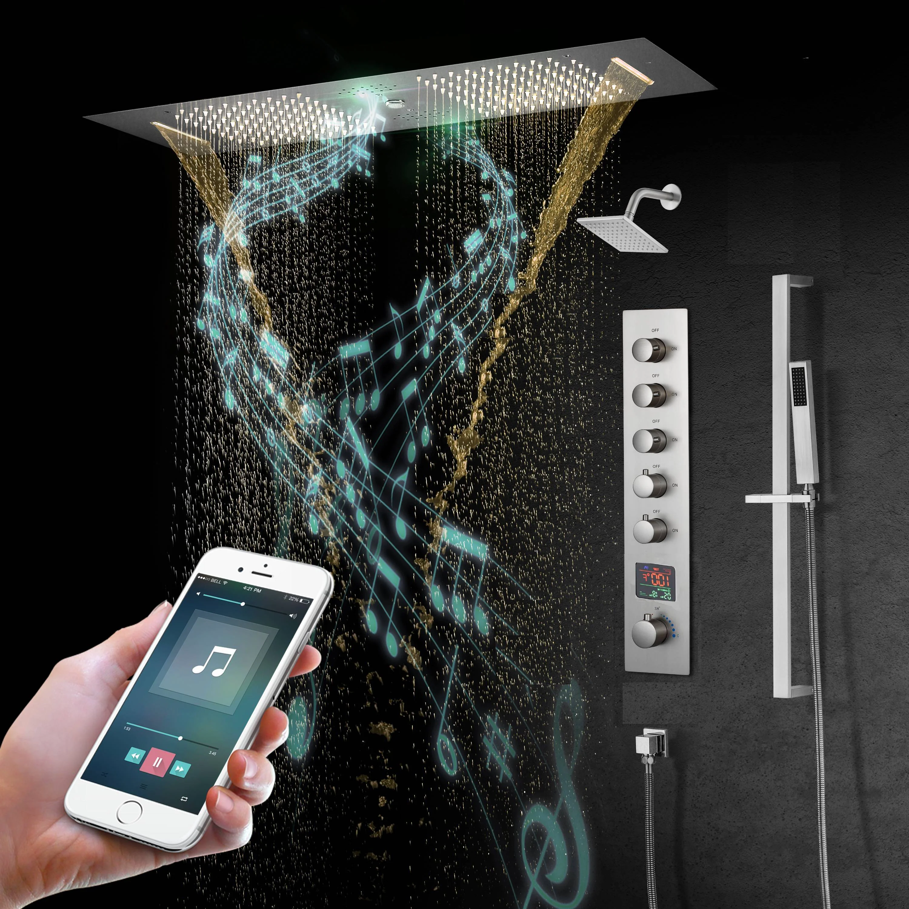 Brushed Gold or Brushed Nickel or Matte Black 35" Bluetooth Music LED Shower System with Waterfall, 5-Way Digital Thermostatic Valve, Regular Head, Touch Panel - Image 34